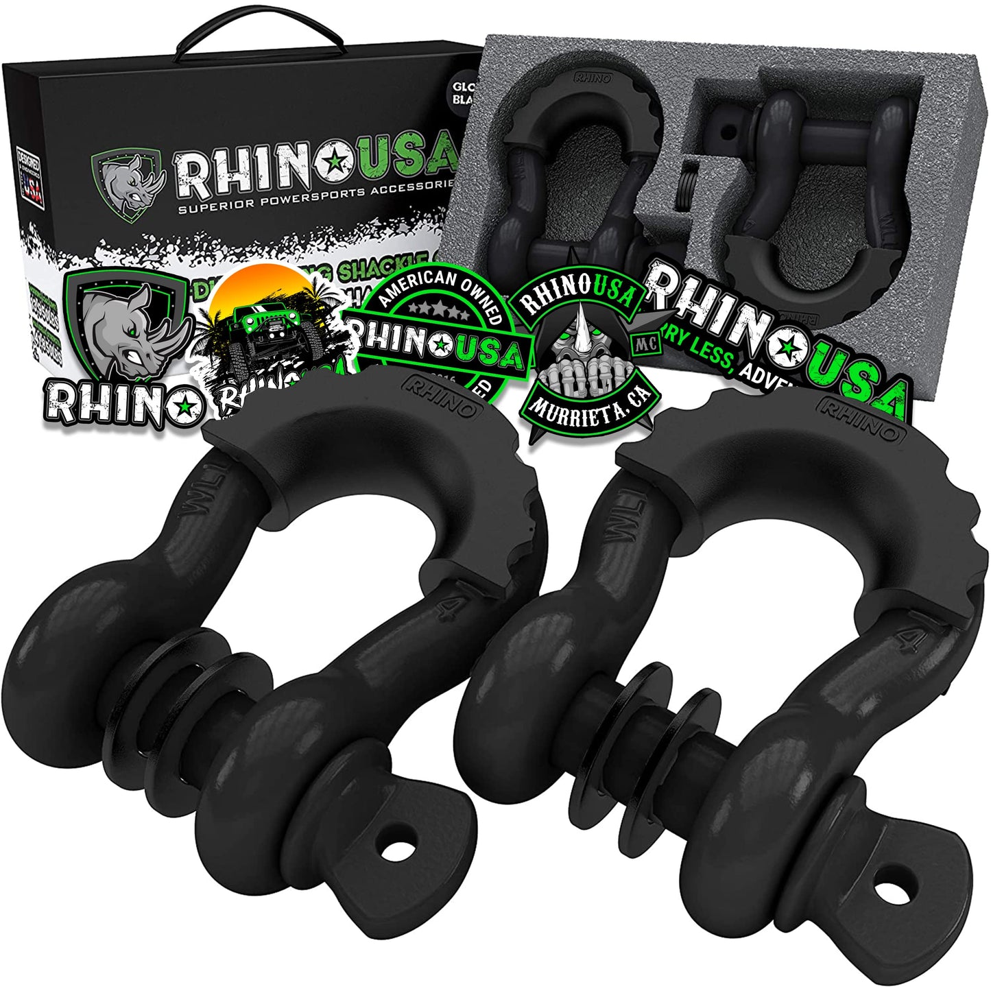 Rhino USA D Ring Shackle 2 Pack (41,850lb Break Strength) – 3/4” Shackle with 7/8 Pin for use with Tow Strap, Winch, Off-Road Truck Vehicle Recovery, Best Offroad Towing Accessories (Black)