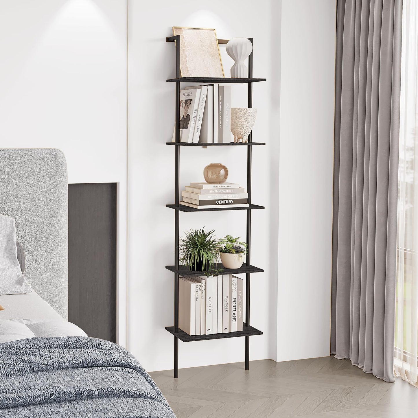 POBOMULI 5-Tier Ladder Shelf, Wall Mounted Ladder Bookshelf with Metal Frame, Wood Tall Open Storage Rack and Display Shelves for Home Office Bedroom Living Room, Black