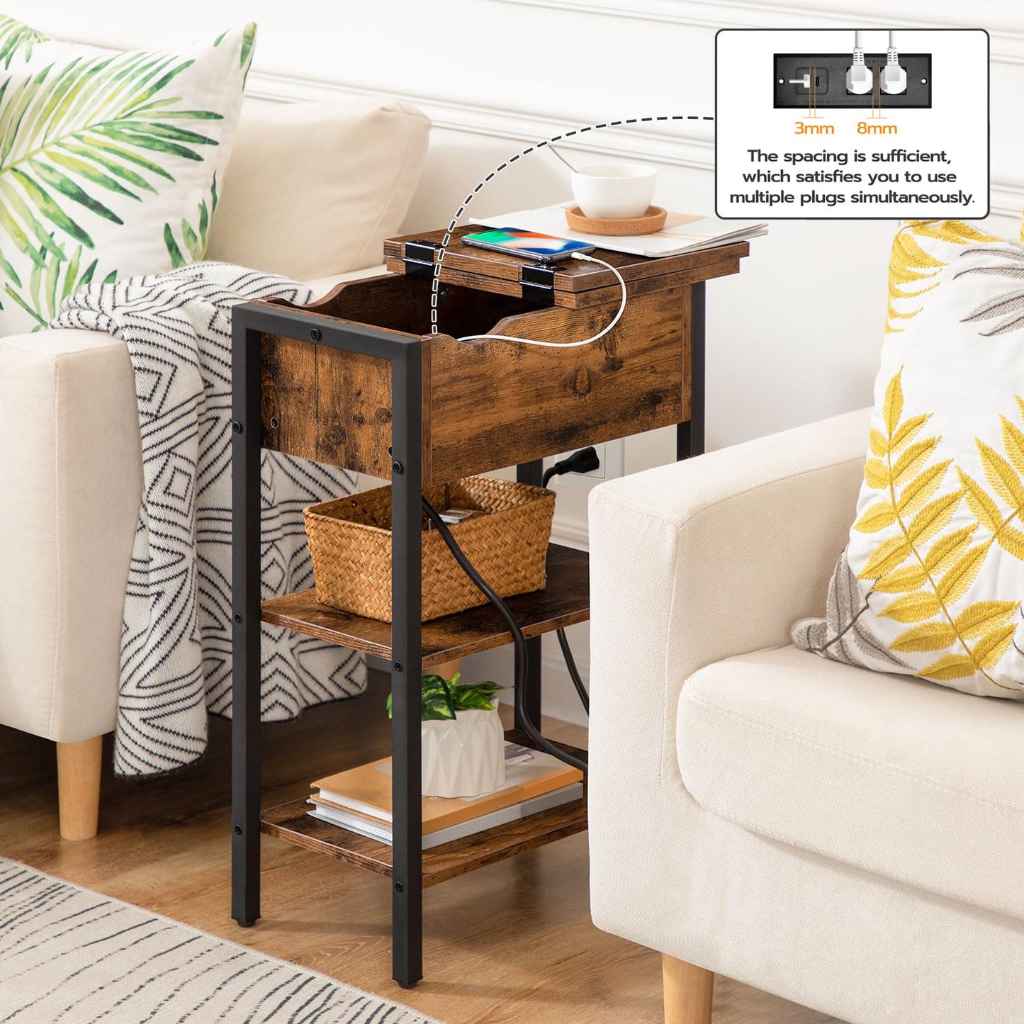 HOOBRO Side Table, Flip End Table with Charging Station and Shelves, USB Ports & Power Outlets, Narrow Nightstand for Small Spaces, Stable and Sturdy, for Living Room, Bedroom, Rustic Brown BF341BZ01