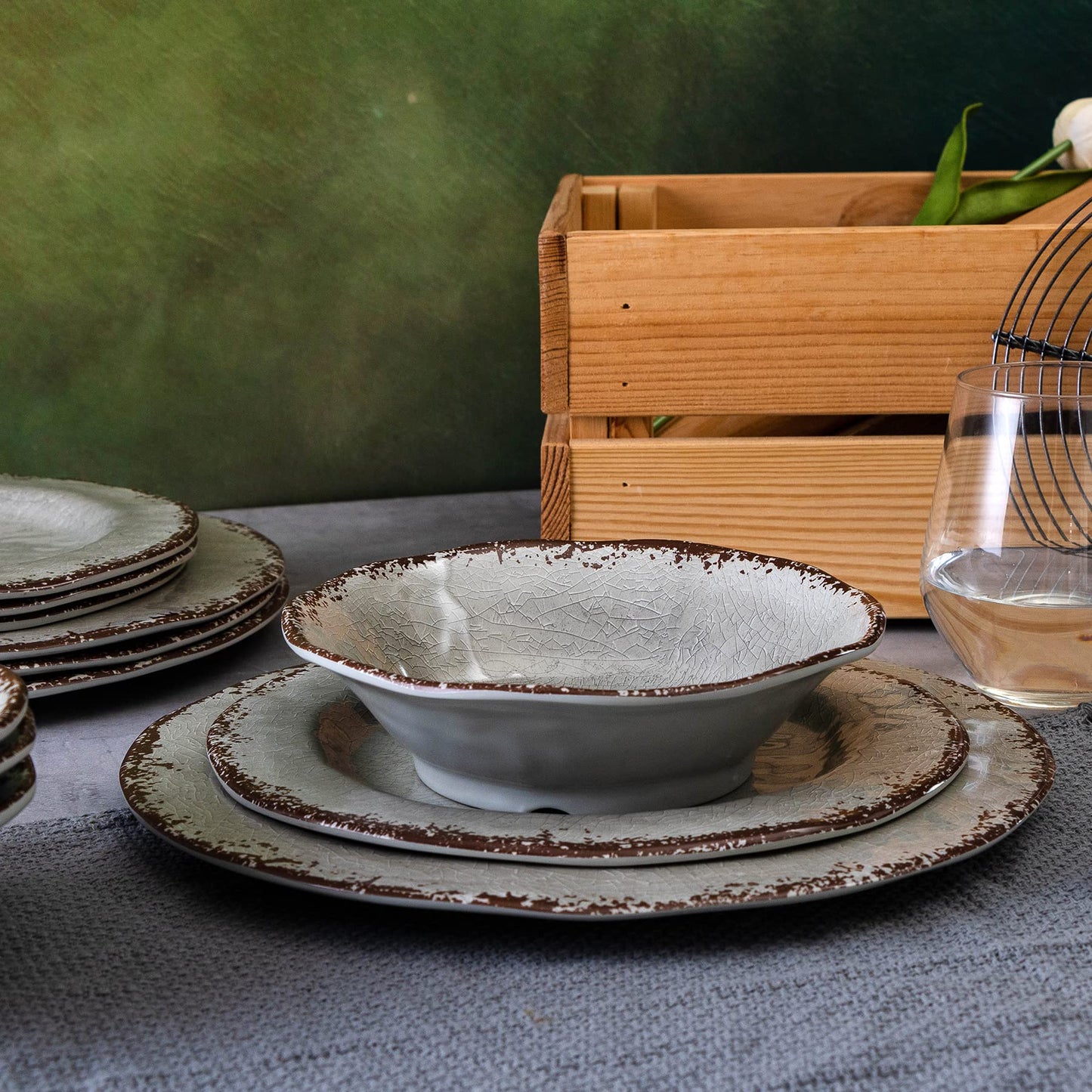 LEHAHA Farmhouse Melamine Dishes Dinnerware Set, 12 Piece Rustic Plates and Bowls Great for Picnic, Camping, Service for 4, Reusable and Dishwasher Safe, Indoor and Outdoor Use