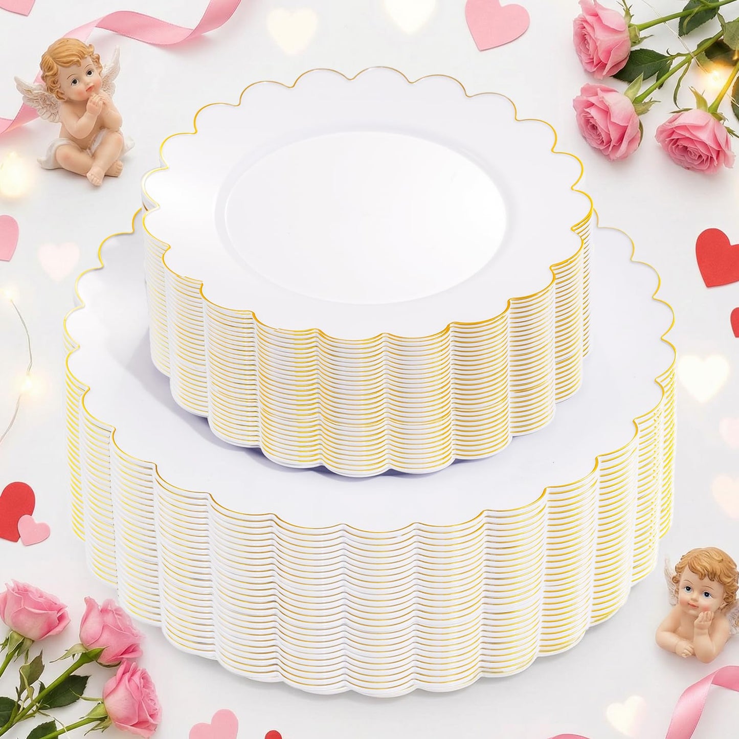supernal 100pcs Christmas Scalloped Plastic Plates Gold-White and Gold Disposable Plates- Plastic Plate for Thanksgiving Dinner,Pretty Party Plate Perfect for Wedding Birthday