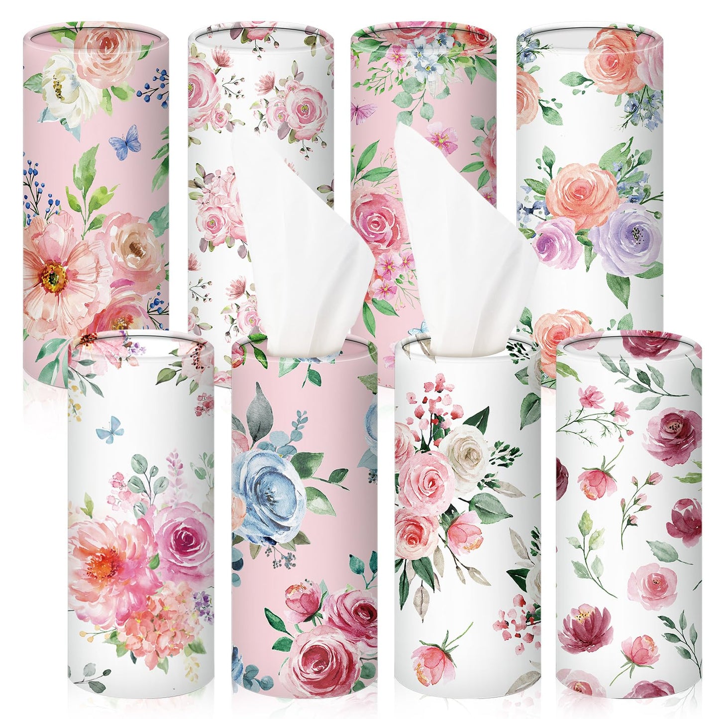 Ctosree 8 Pcs Car Tissue Holder Cylinder Bulk Round Floral Cup Holder Facial Tissues for Travel Refill Car Napkin Box Round Container