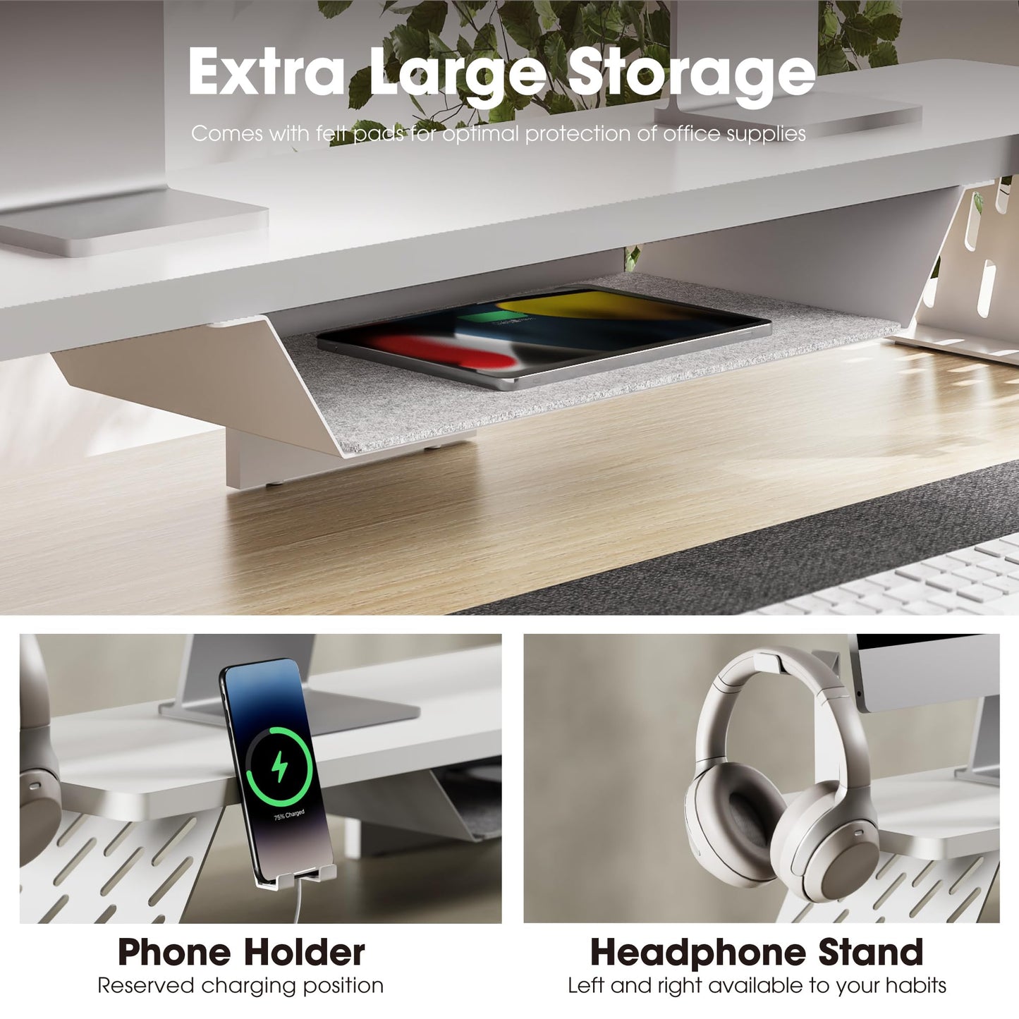 FENGE Monitor Stand Riser with Phone Holder and Headphone Mount 42.5 inch Large Computer Monitor Stands Wood+Steel Desktop Organizer, Metal Storage Shelf Max Load 66LBS White