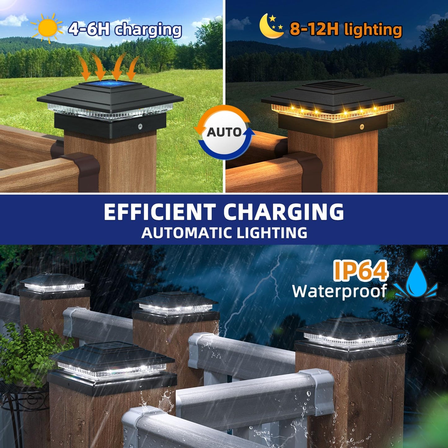 APONUO Solar Post Cap Lights Outdoor 6 Pack, Warm White/Cool White IP65 Waterproof Outdoor for 4X4 6x6 Wood & 4X4 5x5 Vinyl Posts, Auto On/Off Deck Fence Garden Patio Lights Decor, Black