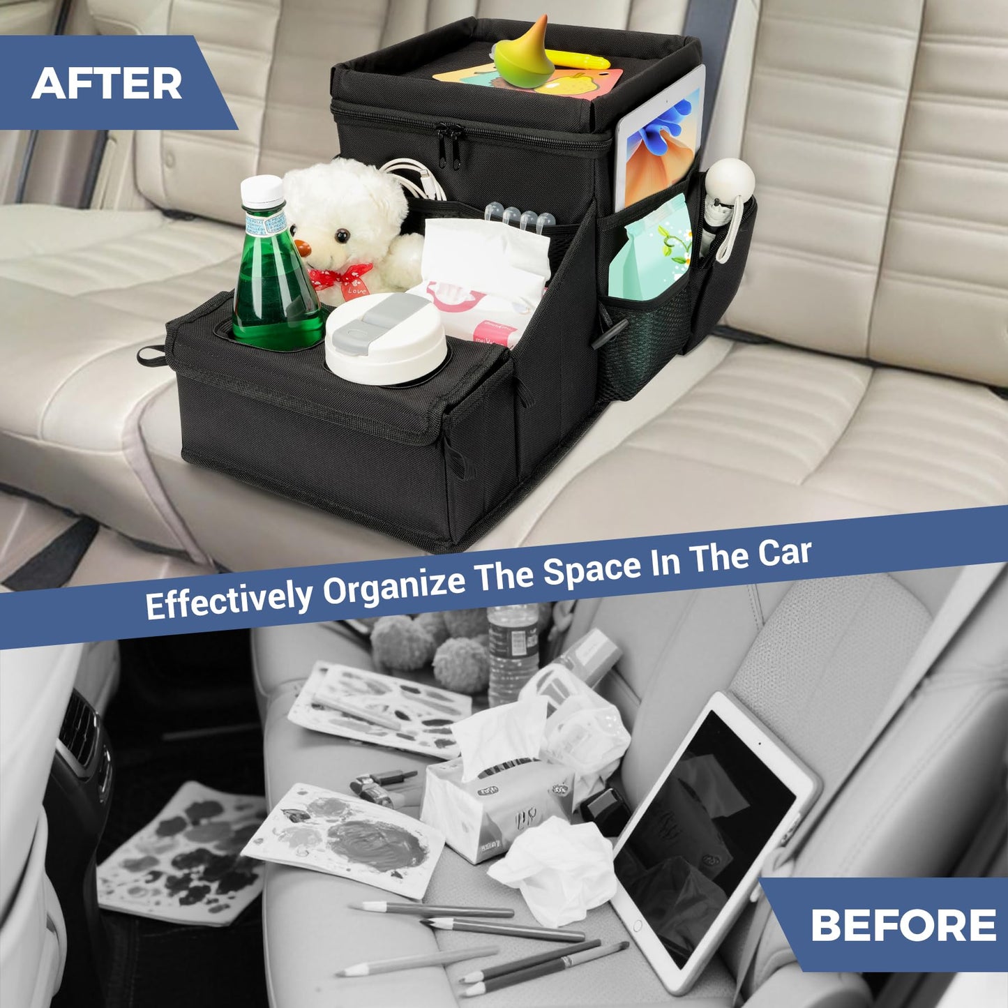 COOLBEBE Car Seat Organizer with Insulation Layer, Backseat Car Cooler Organizer with Cup Holders, Foldable Passenger Seat Organizer for road trip, Storage Box for Front or Middle Seat (Black)