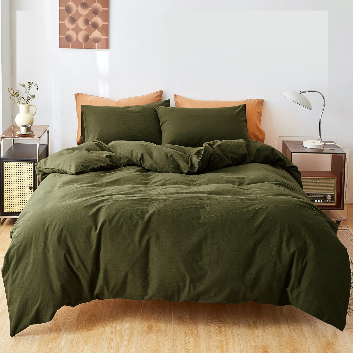 FANSTIVE Duvet Cover Set Queen Size, 100% Washed Cotton, Linen Like Super Soft and Breathable, 3 Pieces Olive Green Bedding Duvet Covers, Farmhouse Comforter Cover with Zipper Closure(No Comforter)