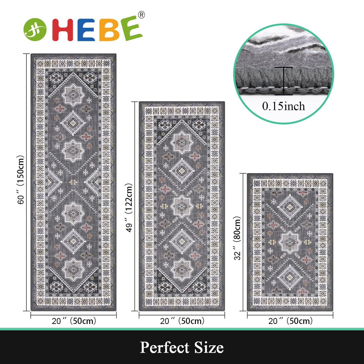 HEBE Farmhouse Kitchen Rugs Sets of 3 Non Slip Washable Boho Kitchen Rugs and Mats for Floor Kitchen Runner Rug Floor Carpet for Kitchen, Laundry, Hallways