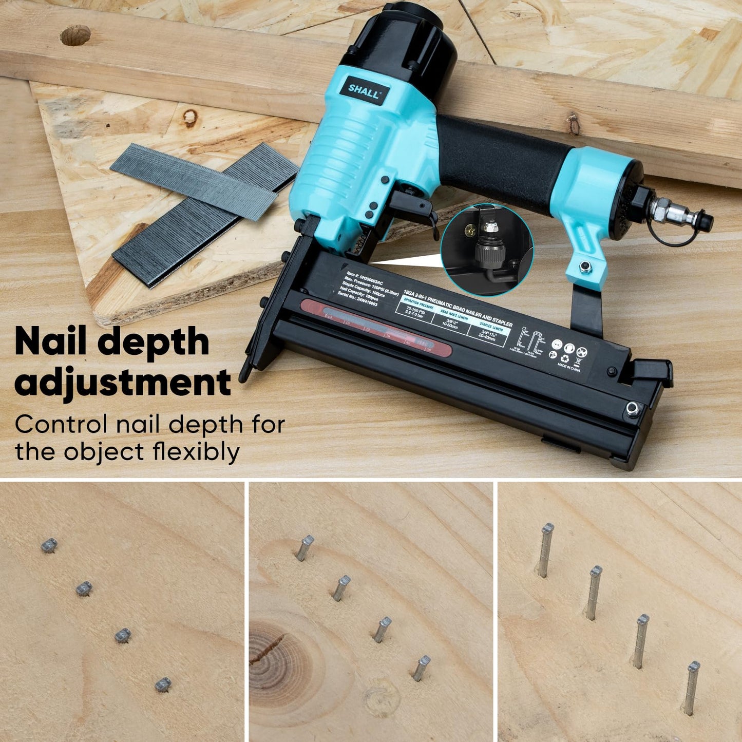 SHALL 18 Gauge Pneumatic Brad Nailer, 2 in 1, 18 GA Air Nail Gun and Crown Stapler, 800 Counts Brad Nails (1", 2") and Narrow Crown Staples (1", 1-1/2") Included, for DIY Project, Upholstery