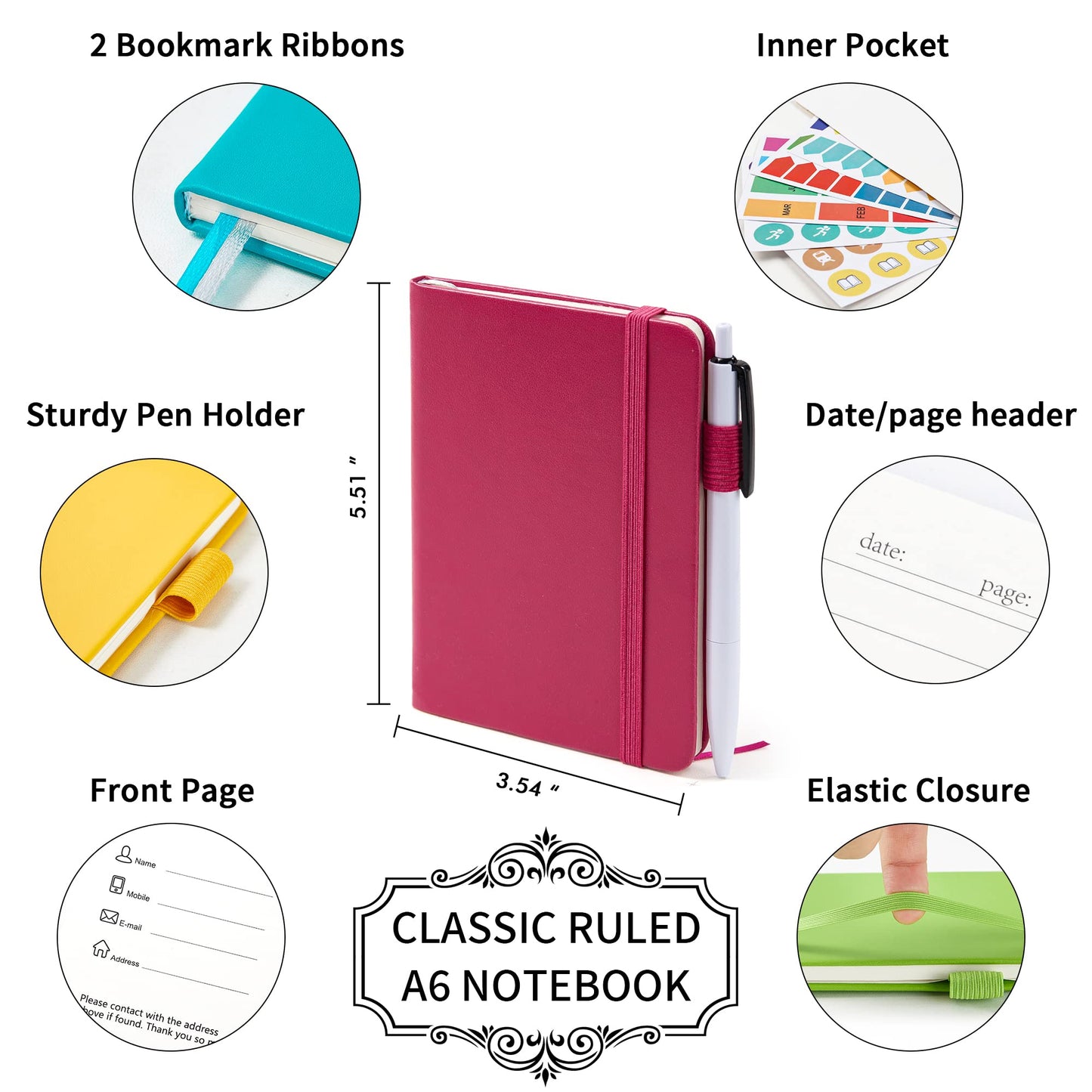 feela Pocket Small Notebooks Bulk, Mini Cute Notepads Hardcover College Ruled Lined Journals with Pen Holder for School Business Memos, with 15 Black Pens, 3.5”x 5.5”, 15 Pack, A6, Solid Colors