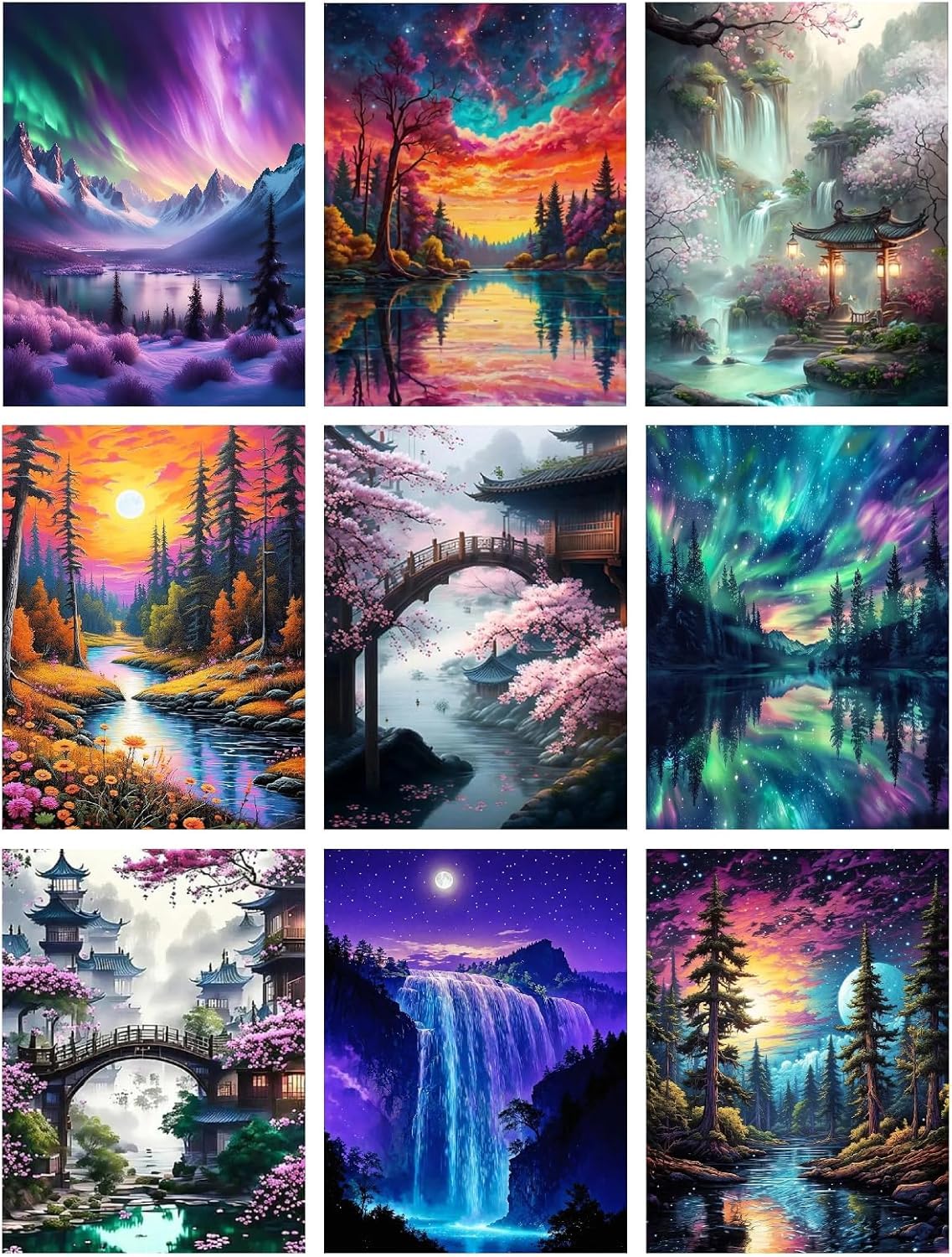9 Pack Diamond Painting Kits for Adults, 5D Landscape Diamond Art Painting Kits for Adults Beginner, Adult Diamond Art, DIY Aurora Full Drill Diamond Dots for Home Wall Decor 12X16 Inch