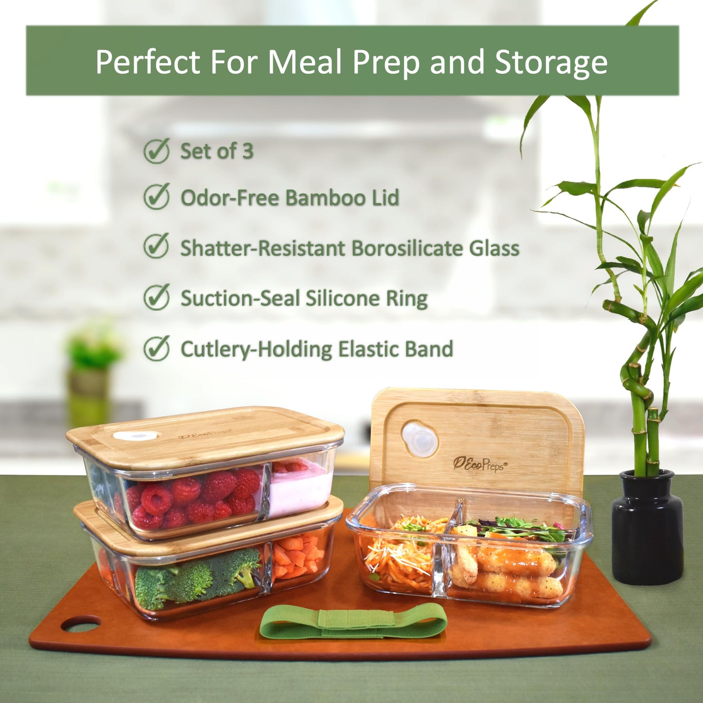 EcoPreps Glass Bento Boxes with Bamboo Lids, 3-Compartment Meal Prep Containers - 3 Pack, Eco-Friendly, Freezer Safe Glass Lunch Boxes