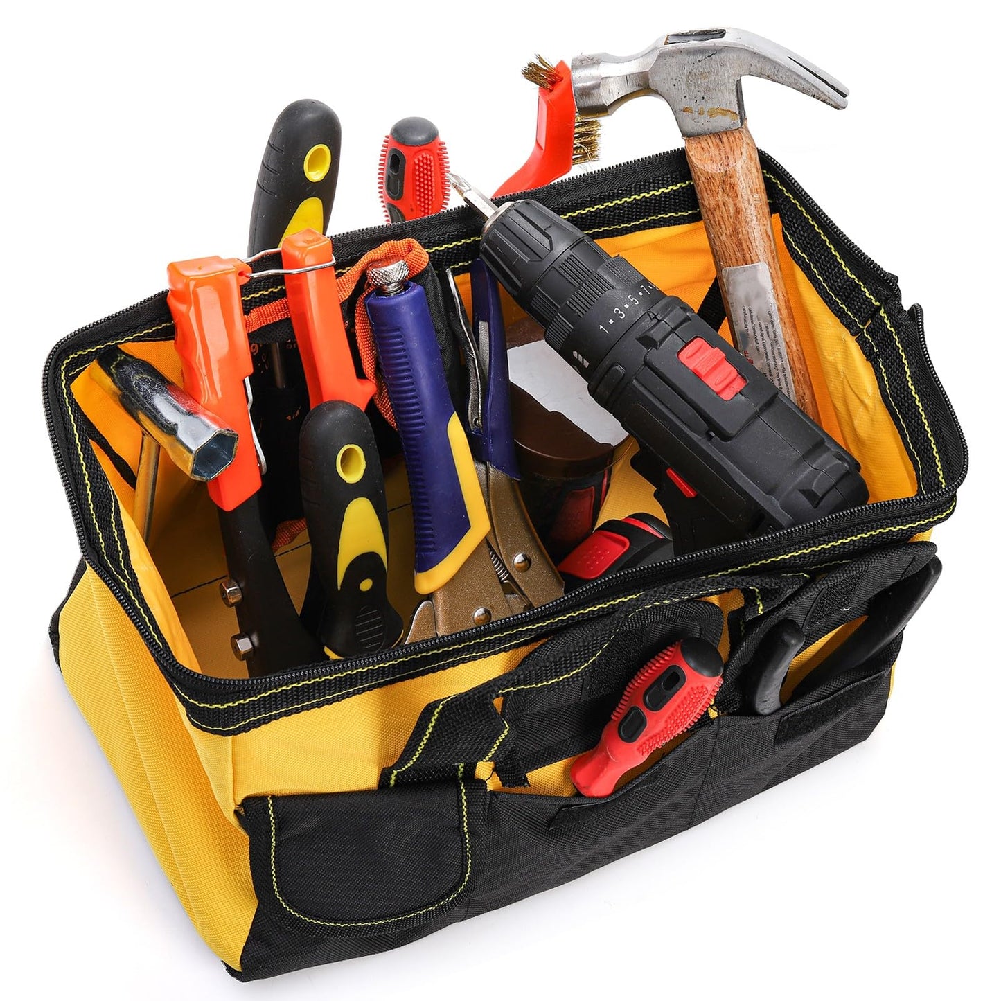 Mezchi 3 Pack 12 Inch Tool Bag, Wide Mouth Tool Tote Bag with Waterproof Base, Heavy Duty Tool Storage Bag Organizer for Various Tools, 5 Pockets, Blue, Yellow, Red