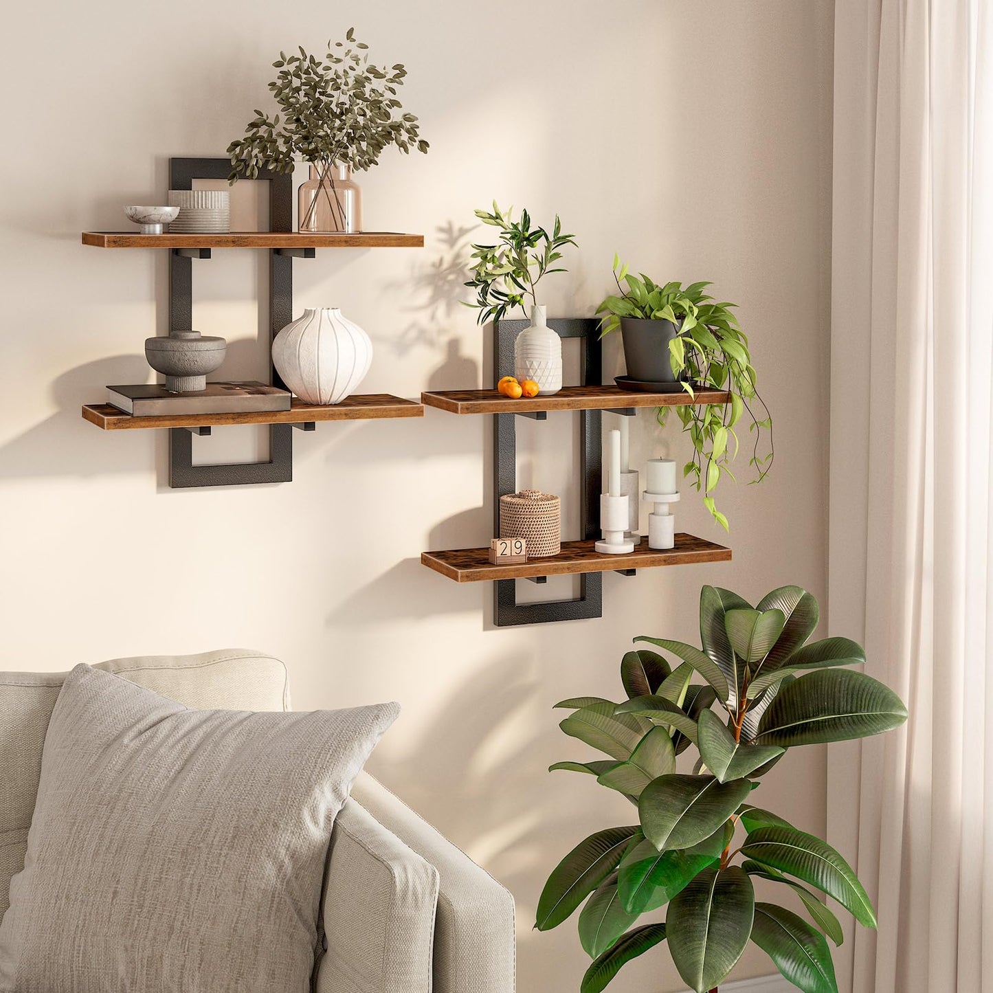 HOOBRO Floating Shelves, 38 cm Wall Shelf Set of 2, Wall Mounted Storage Shelves 2-Tier, Hanging Bathroom Shelves, for Living Room, Bedroom, Bathroom, Kitchen, Rustic Brown and Black BF32BJ01