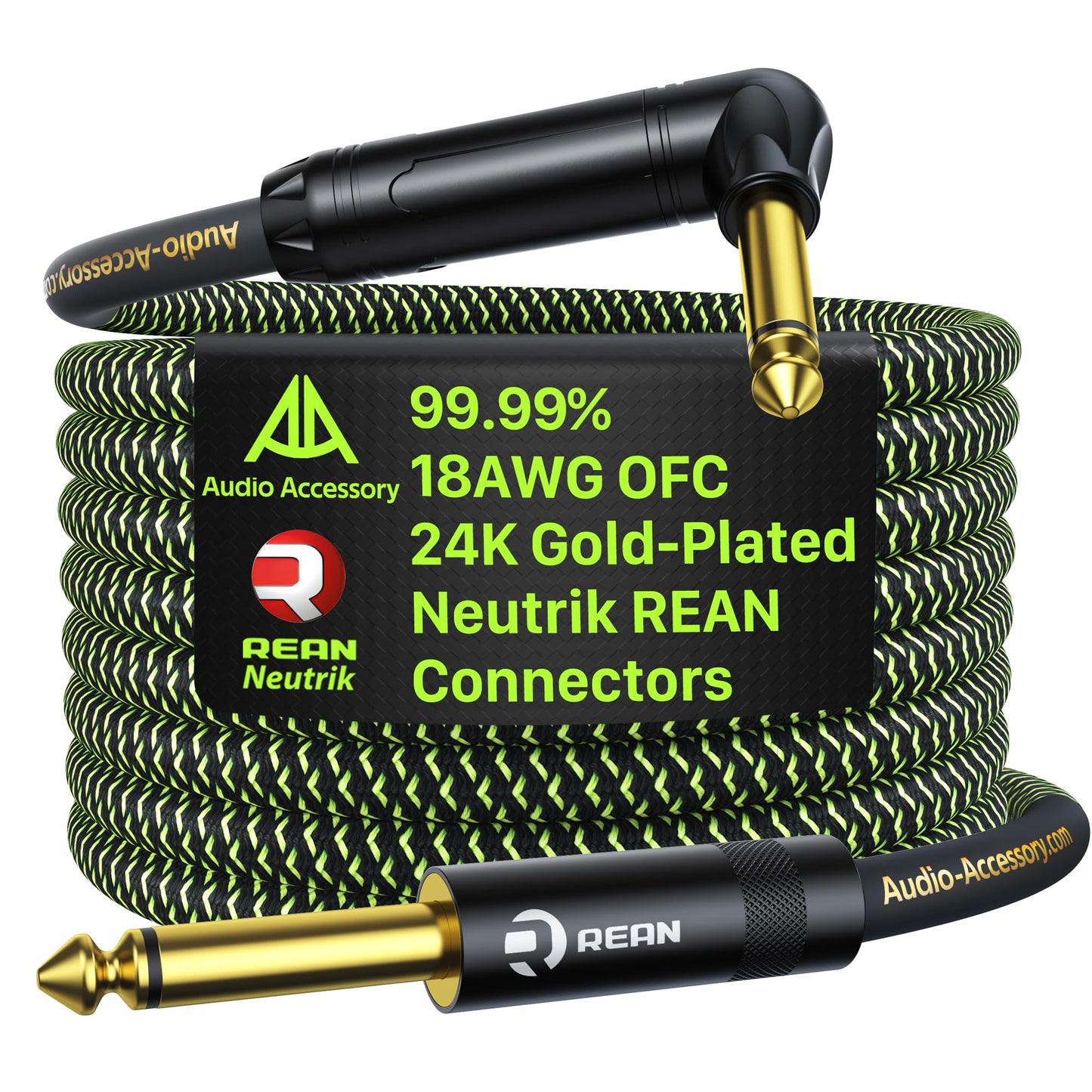 AA AUDIO ACCESSORY Pro Bass Guitar Cable 15 ft, Gold-Plated Neutrik REAN Connector, 18 AWG OFC, Braided 1/4 Inch Instrument Cable for Fender Electric Bass Guitar Combo Amp Rumble Marshall, Right Angle