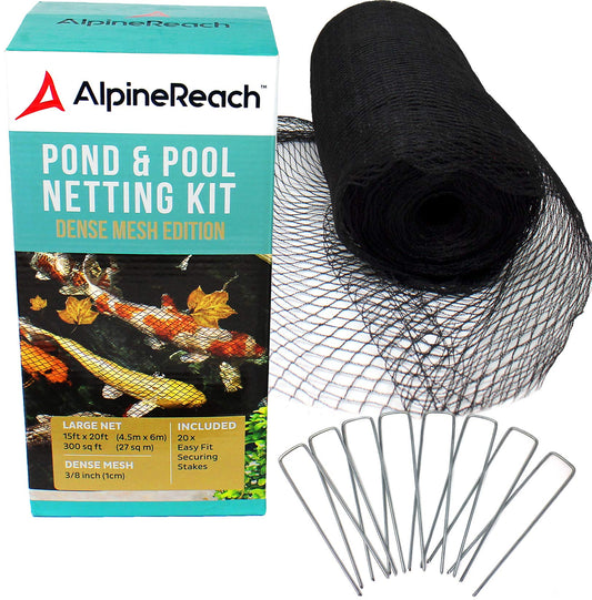 AlpineReach Pond Netting Kit 15 x 20 Feet (4.5m x 6m) & 20 Steel Staples - Woven Fine Mesh Heavy Duty Net Cover for Leaves - Protects Koi Fish from Blue Heron Birds Cats Predators - Galvanized Stakes
