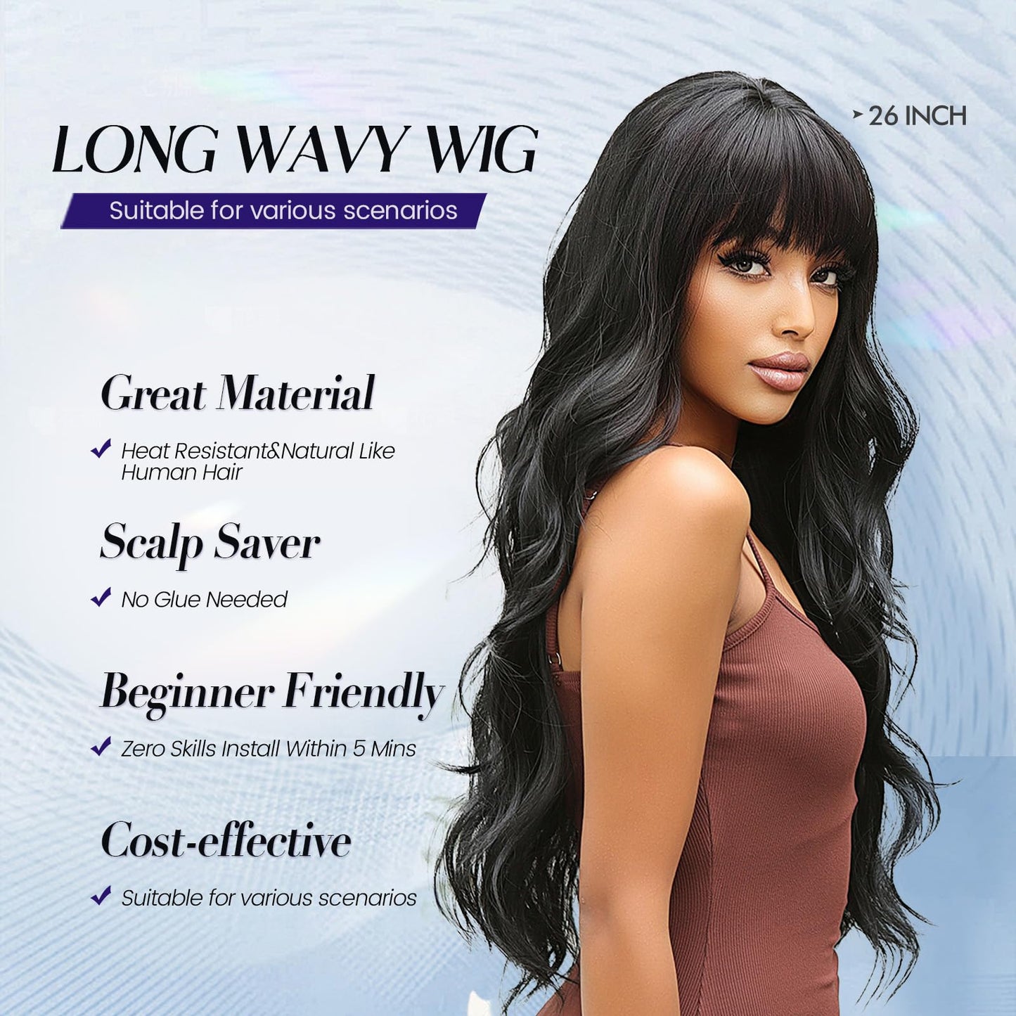 Black Wavy with Bangs Wigs for Women Long Curly Black Wig with Bangs Synthetic Wig