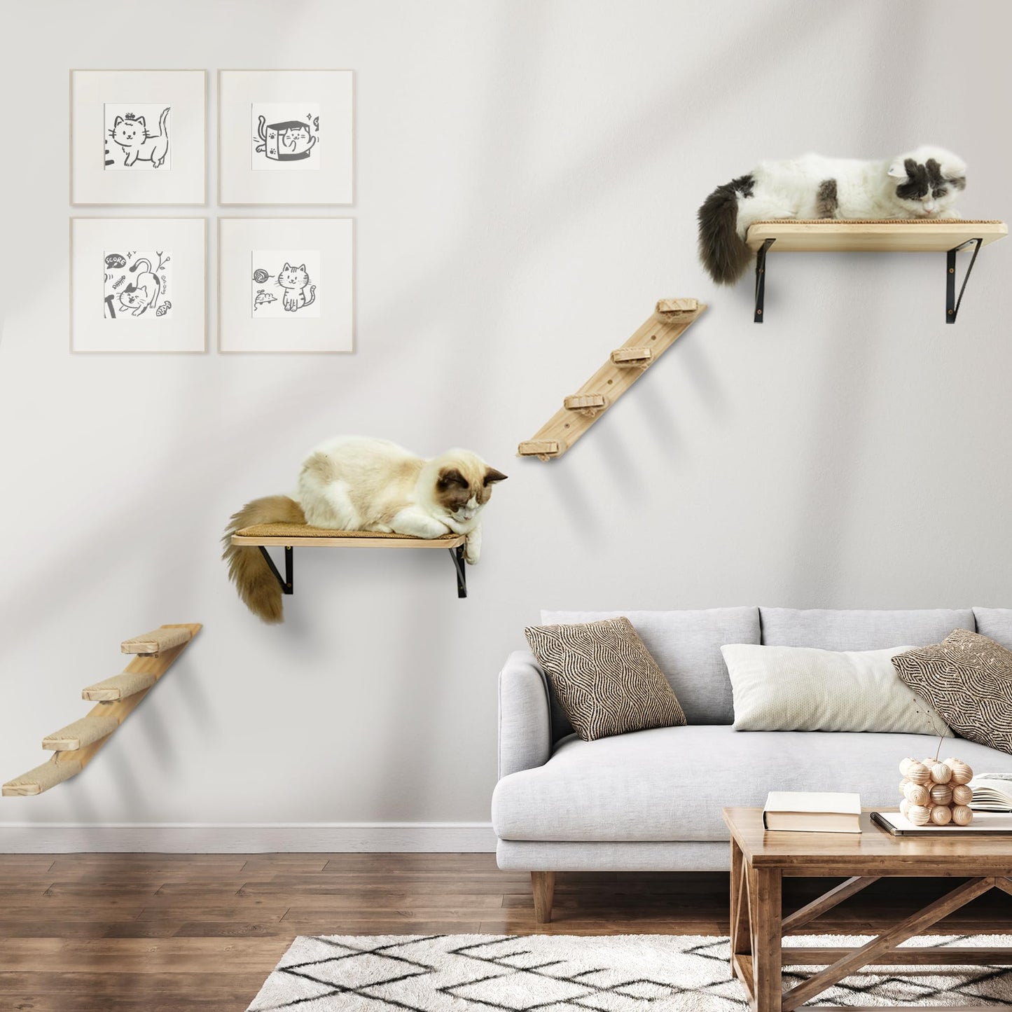 PELUOMOZ Cat Wall Shelves 2PCS Four Steps Reversible Left & Right Direction, Cat Shelf Stairway for Wall with Jute Scratching Ladder Cat Furniture for Perch Sleeping