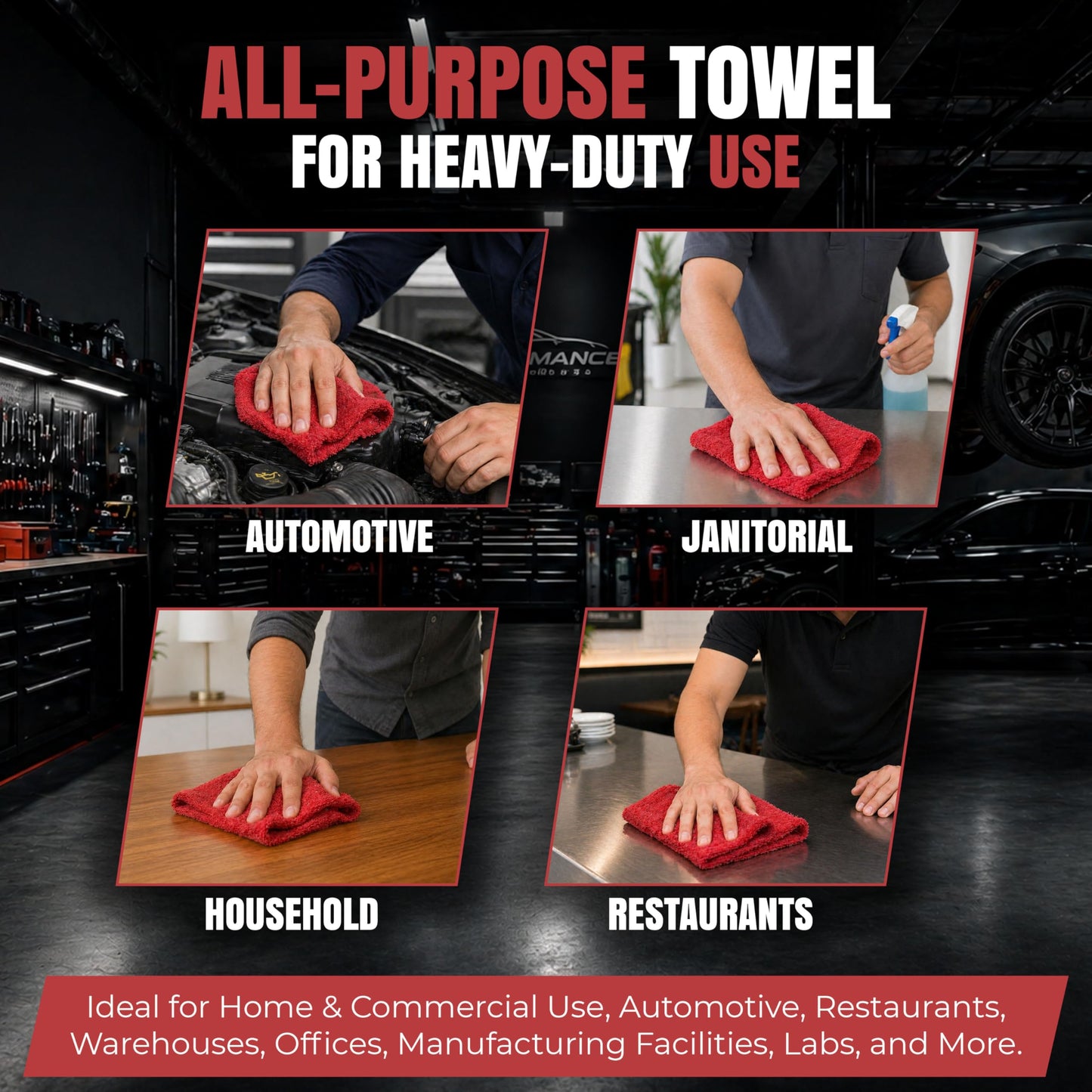 SupremePlus Shop Towels (Red, 25-Pack) - Bulk Cleaning Towel in a Bag, Mechanic Cotton Wipes for Car Maintenance, Auto Mechanics & Garage, Wipe Grease & Oil, Machine Wash & Reusable