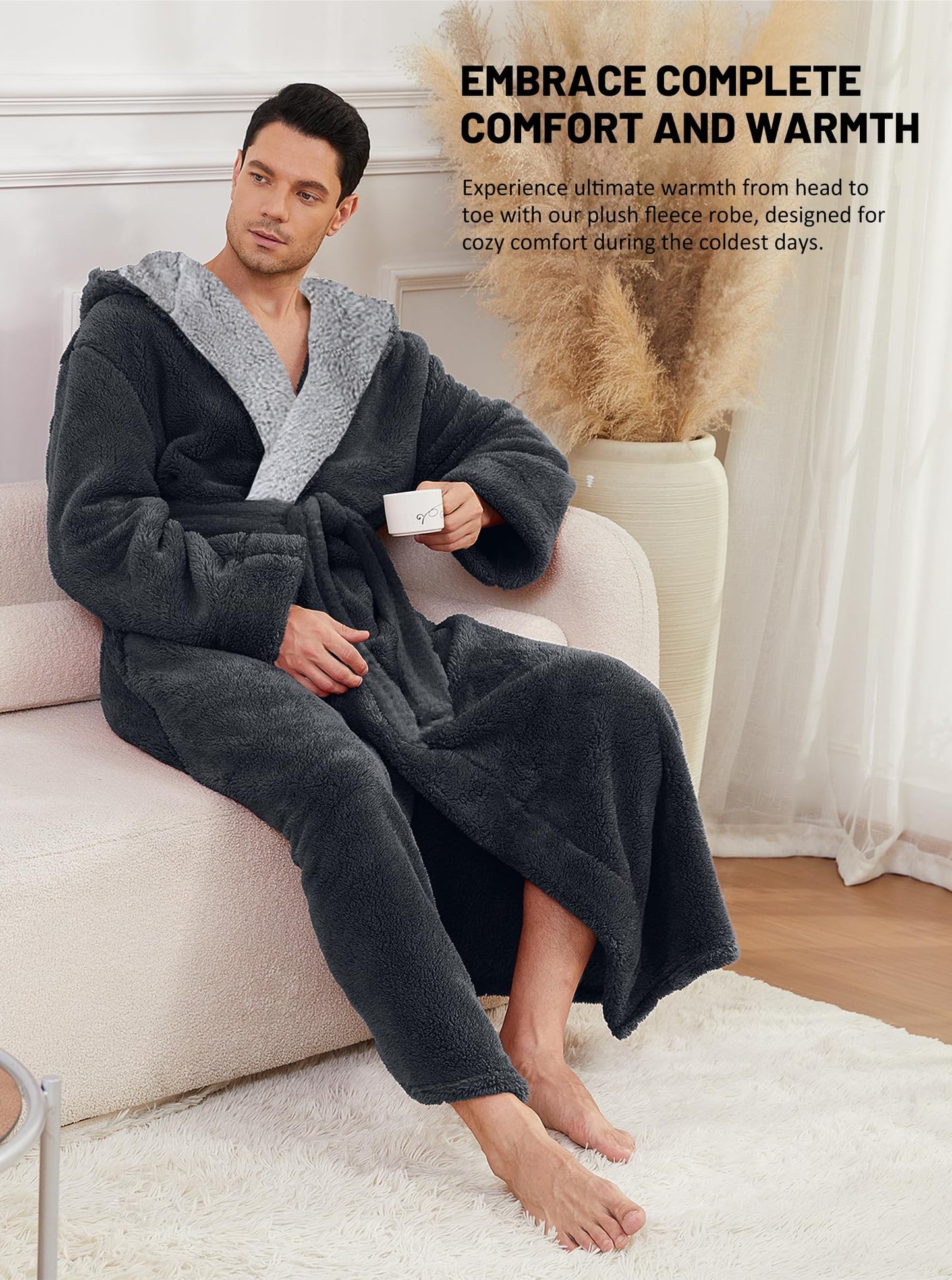 Hellomamma Mens Long Robes with Hood Full Length Hooded Bathrobe Fleece Plush Fluffy Housecoat Nightgown Grey X-Large