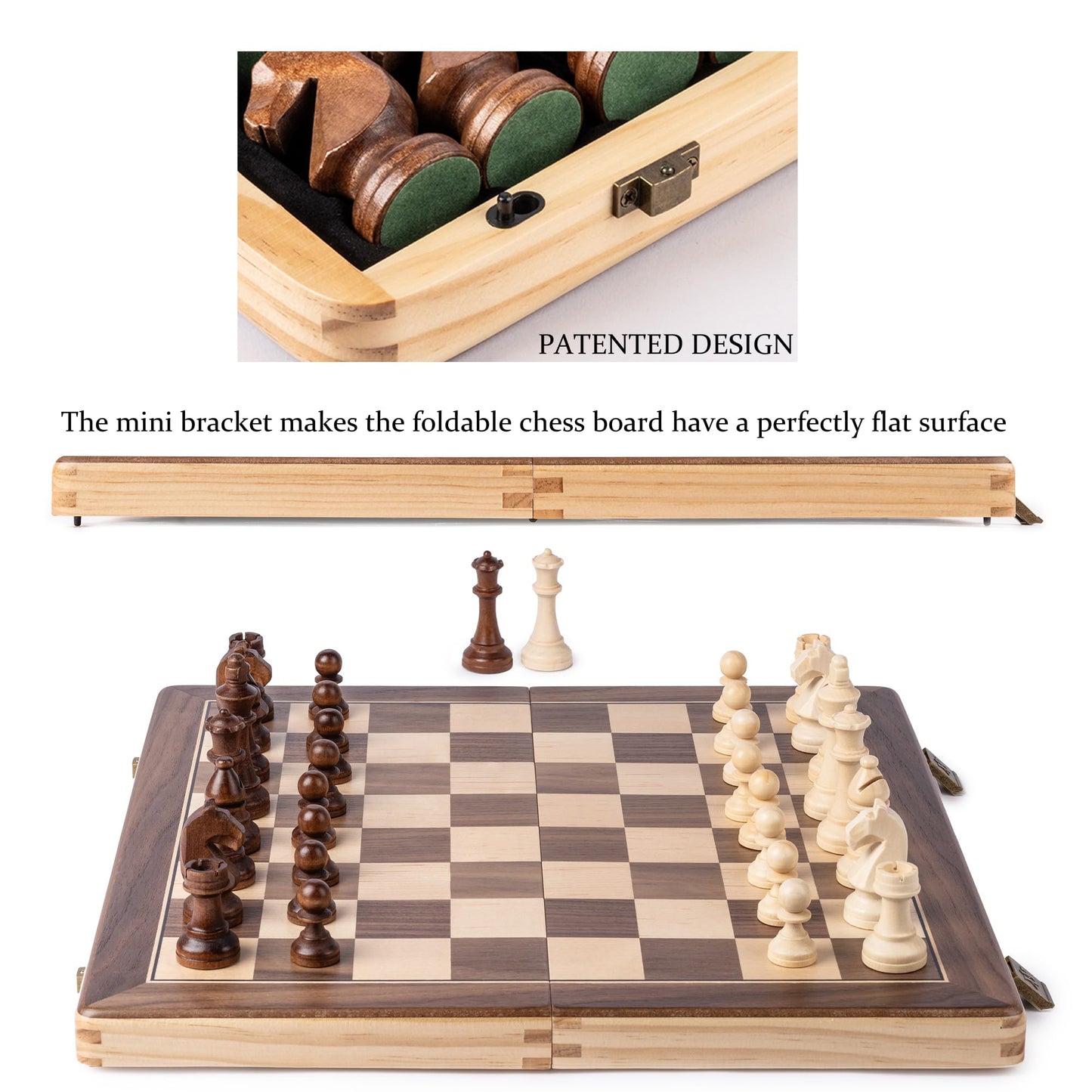 A&A 15 inch Wooden Folding Chess & Checkers Set w/ 3 inch King Height Staunton Chess Pieces / 2 Extra Queens