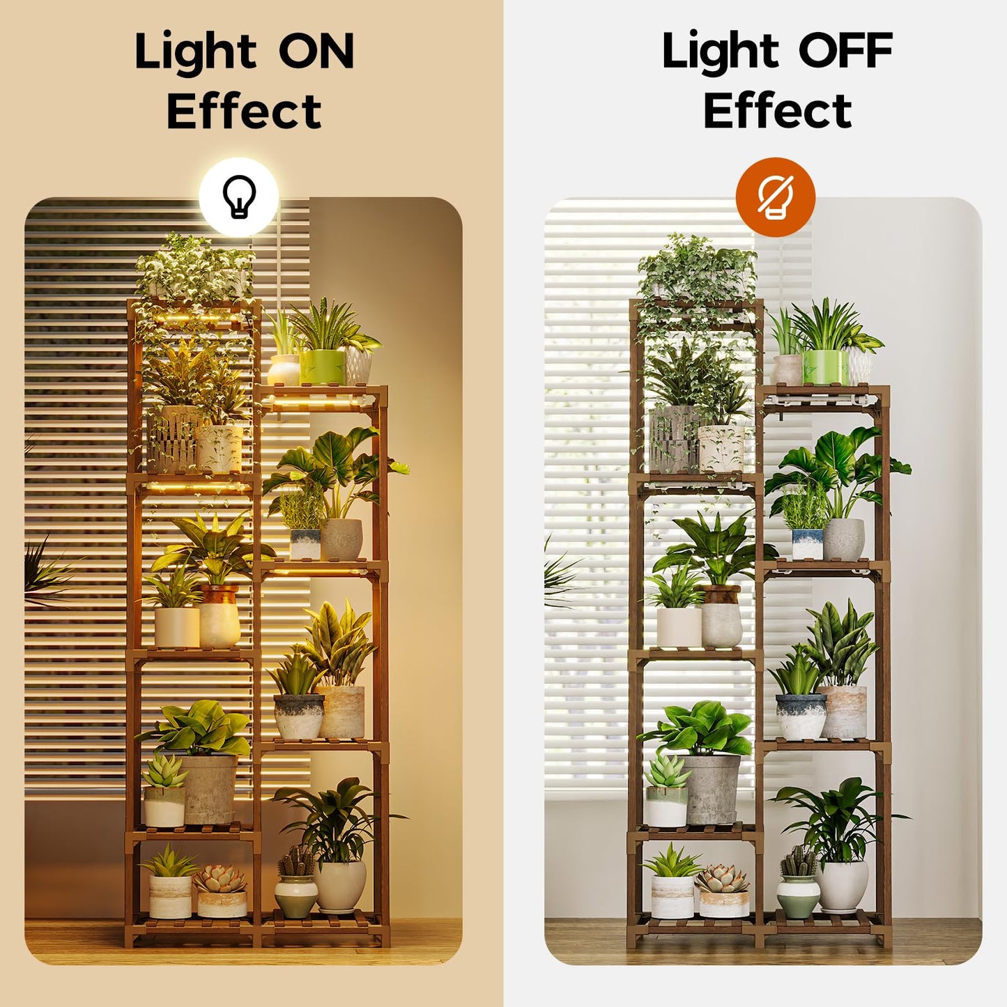 Bamworld Plant Stand Indoor Grow Light Tall Plant Shelf for Mutiple Pots Large Wood Plant Holder Rack for Patio Living Room Balcony Warm Light