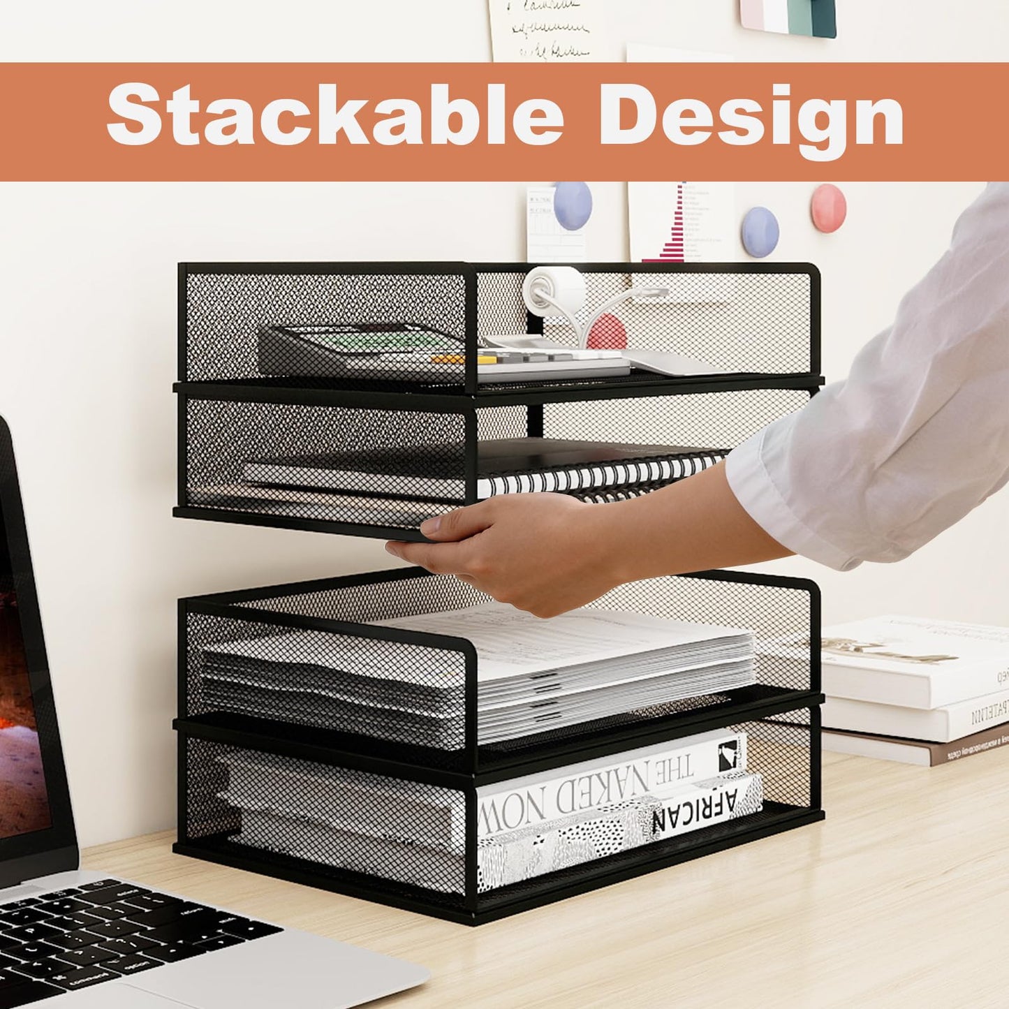 Natwind 4 Tier Stackable Paper Trays for Letter Documents, Desktop File Organizers for Office Supplies, Metal Mesh Desk Organizer，Office Organizer，Letter Trays for Home, Office, School，Black