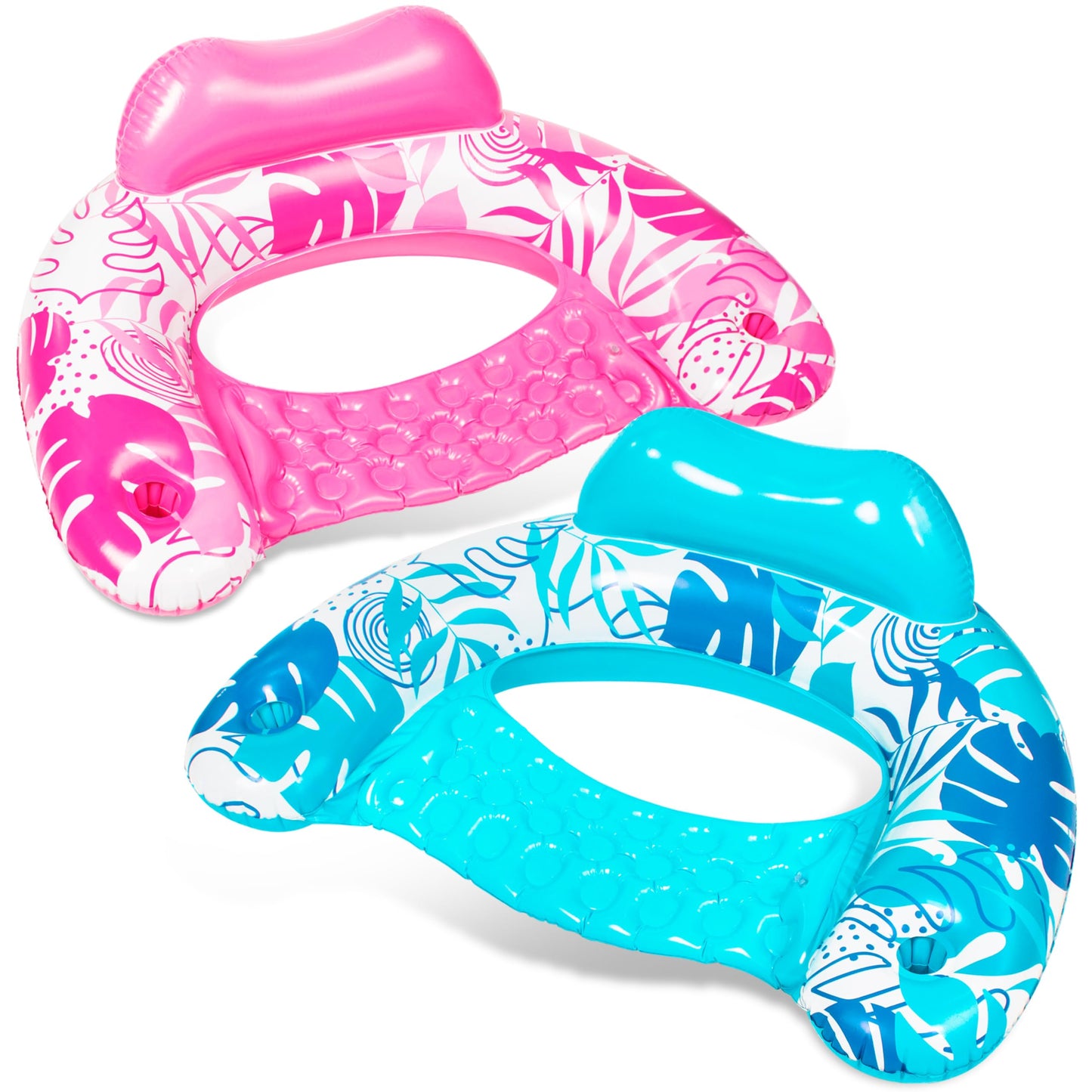 Sloosh Inflatable Pool Floats Adult, 2 Pack Pool Chairs with Cup Holders, Blow up Floating Pool Floats Chair, Pool Floaties for Adults Swimming Pool Party Summer Water Fun(Summer Leaves