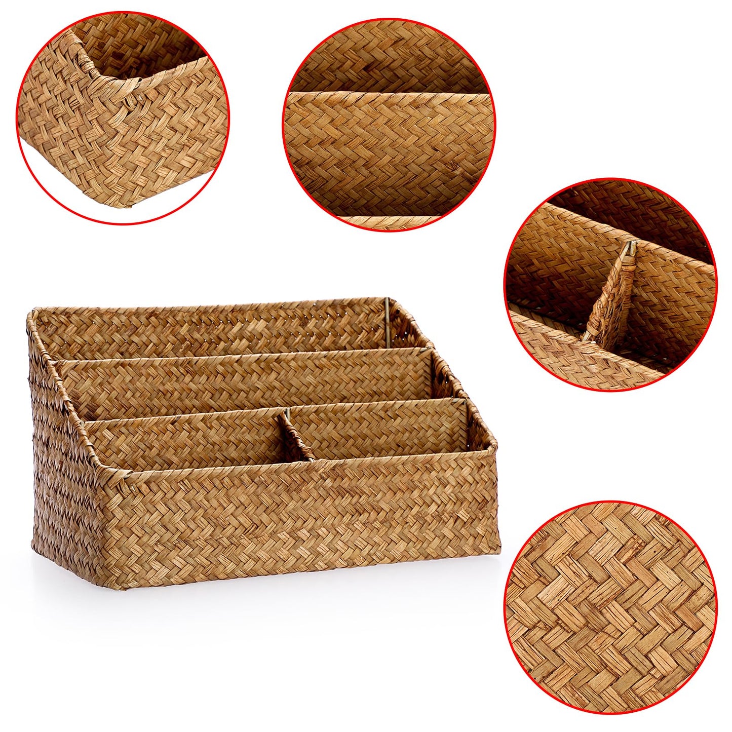BTSKY Office Desk Organizer Natural Seagrass Desk Organizer with 4 compartments, Handmade Woven Wicker Mail Sorters, Office Supply Caddy Accessories Holder Organizer for School, Home, Office Supplies