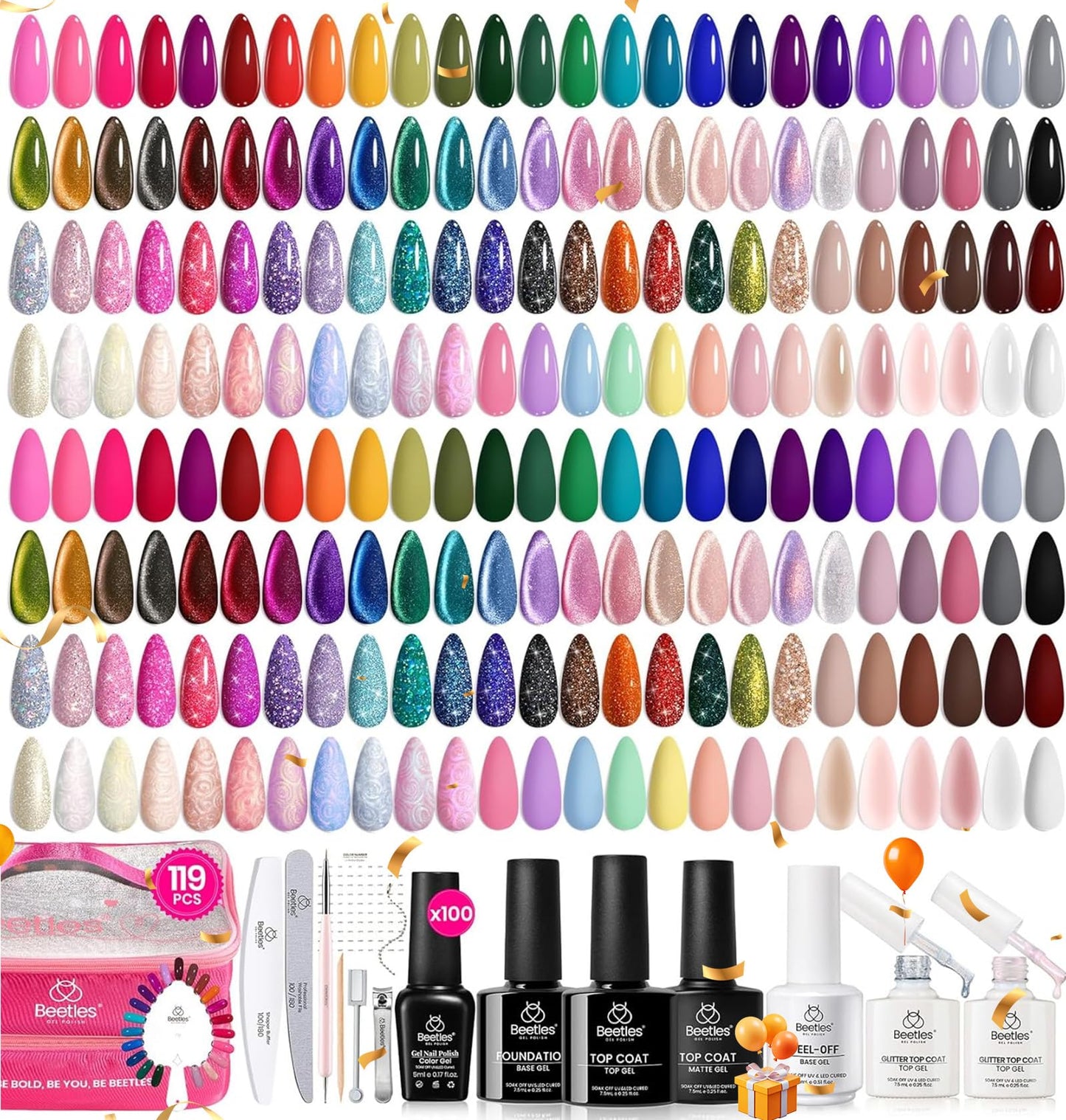 Beetles 100 Colors Gel Nail Polish Set, 119 PCS, Base Glossy Matte Glitter Top Coat, Gel Polish Pastel Glitter Pearl Cat Eye White Red Pink Nude Green Blue, Gift for Women