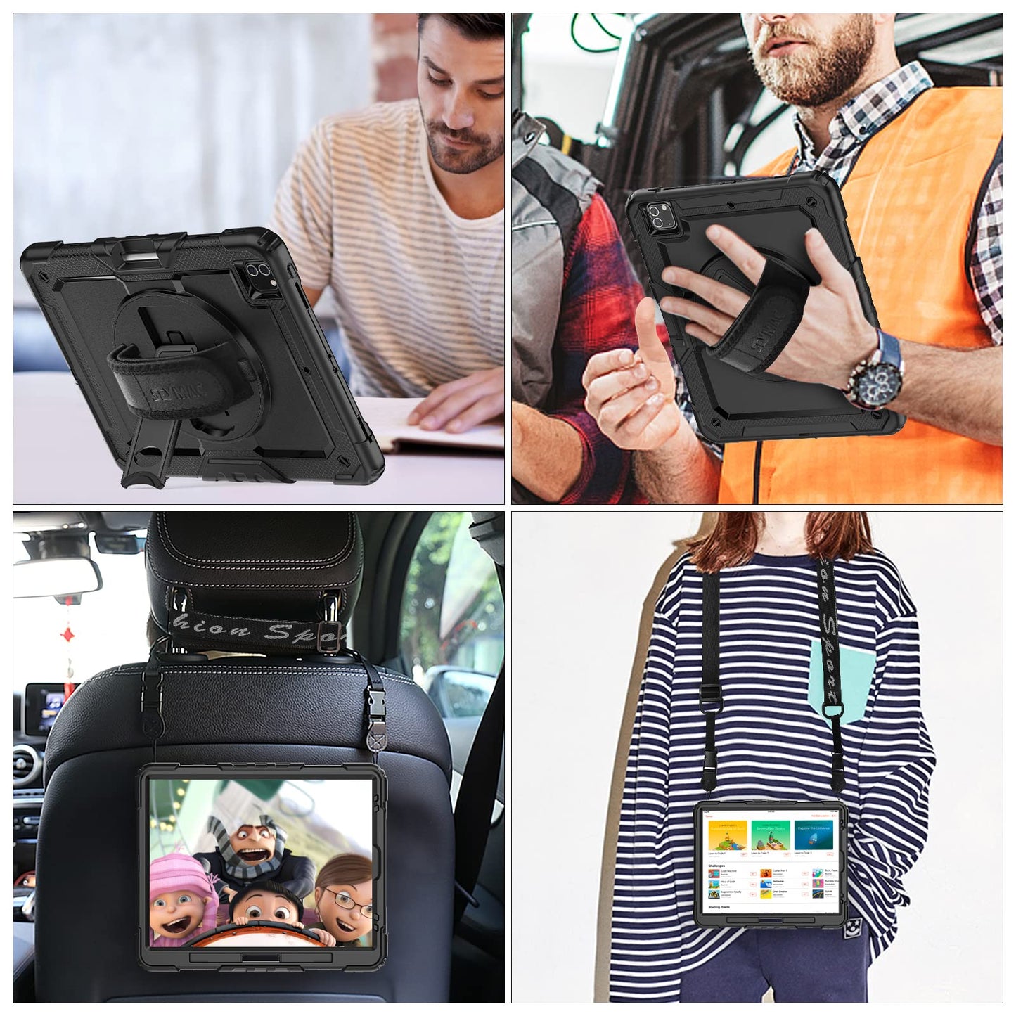 SEYMAC stock Case for iPad Pro 12.9 6th/5th/4th/3rd Gen with Screen Protector, Pencil Holder [360 Rotating Hand Strap] &Stand, Drop-Proof Case, Black