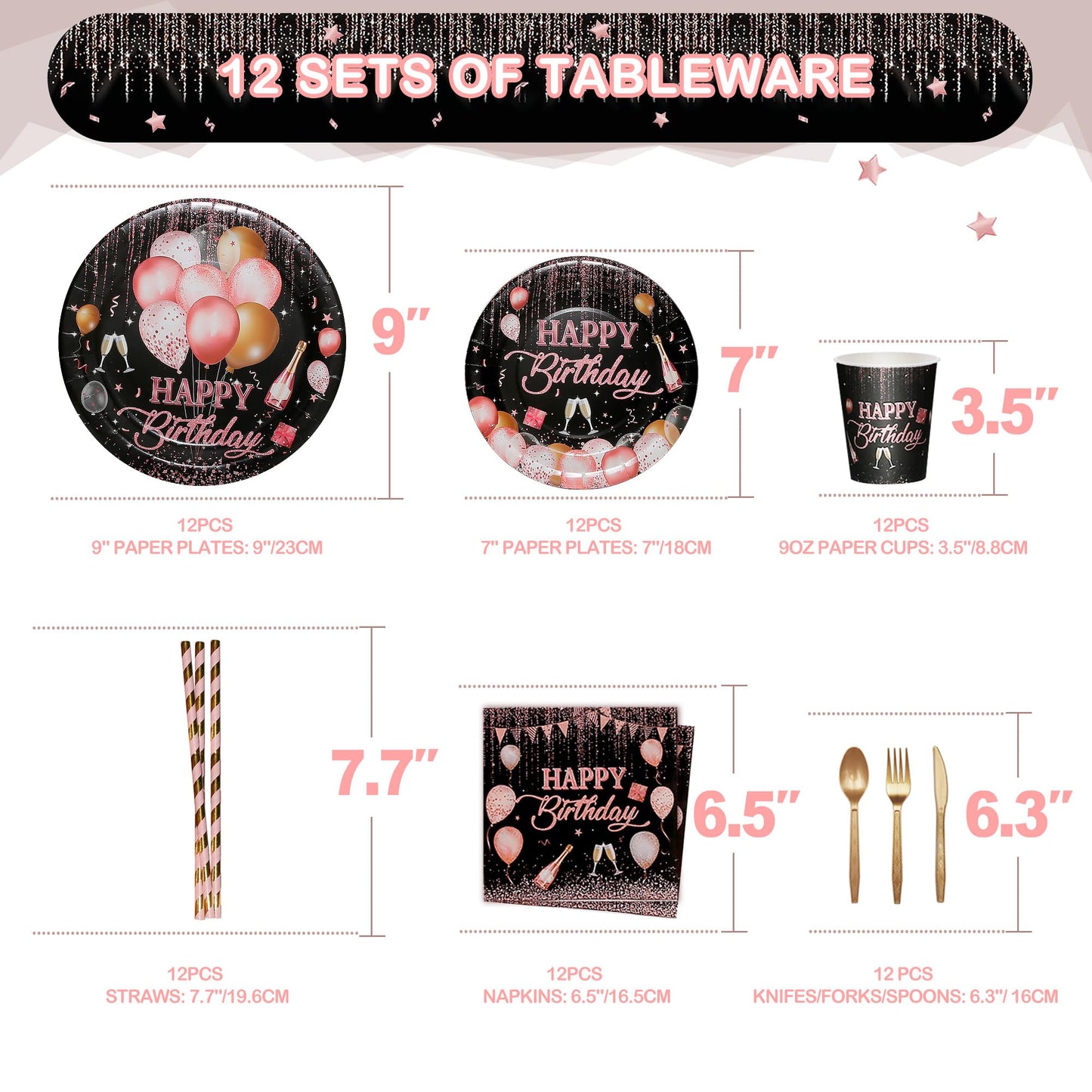 210 Pcs Birthday Party Decorations for Woman Girl, Rose Gold Party Decorations, Happy Birthday Decorations - Balloon Stand Kit, Banner, Tassel Curtain,Crown,Tableware Kit For 12 Guests