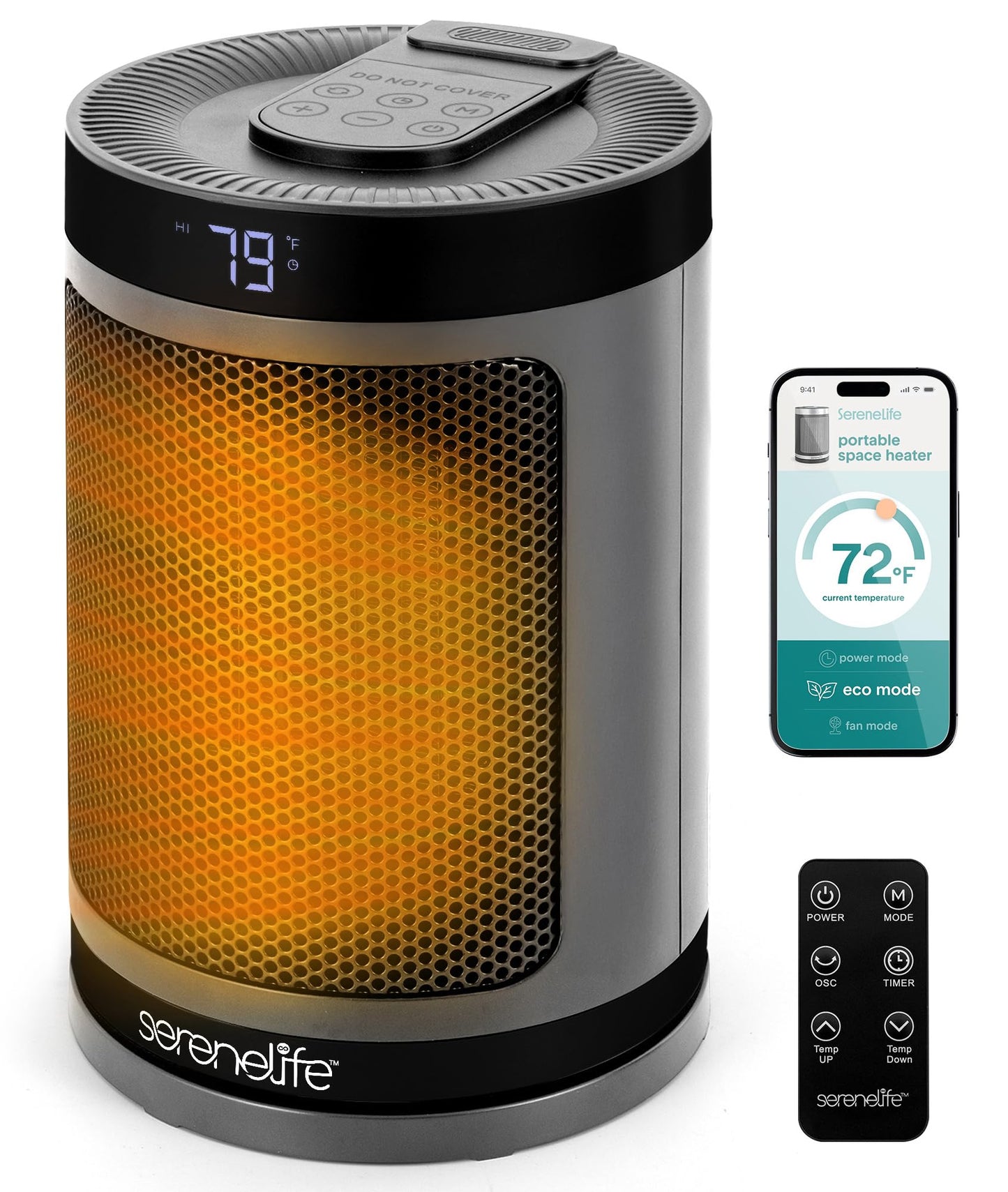 SereneLife Portable Space Heater – 1500W Indoor Electric Heater with Thermostat, Remote Control, 12-Hour Timer, Wi-Fi Enabled PTC Ceramic Heating for Home and Office, Gray (5.9" x 5.9" x 9.5")