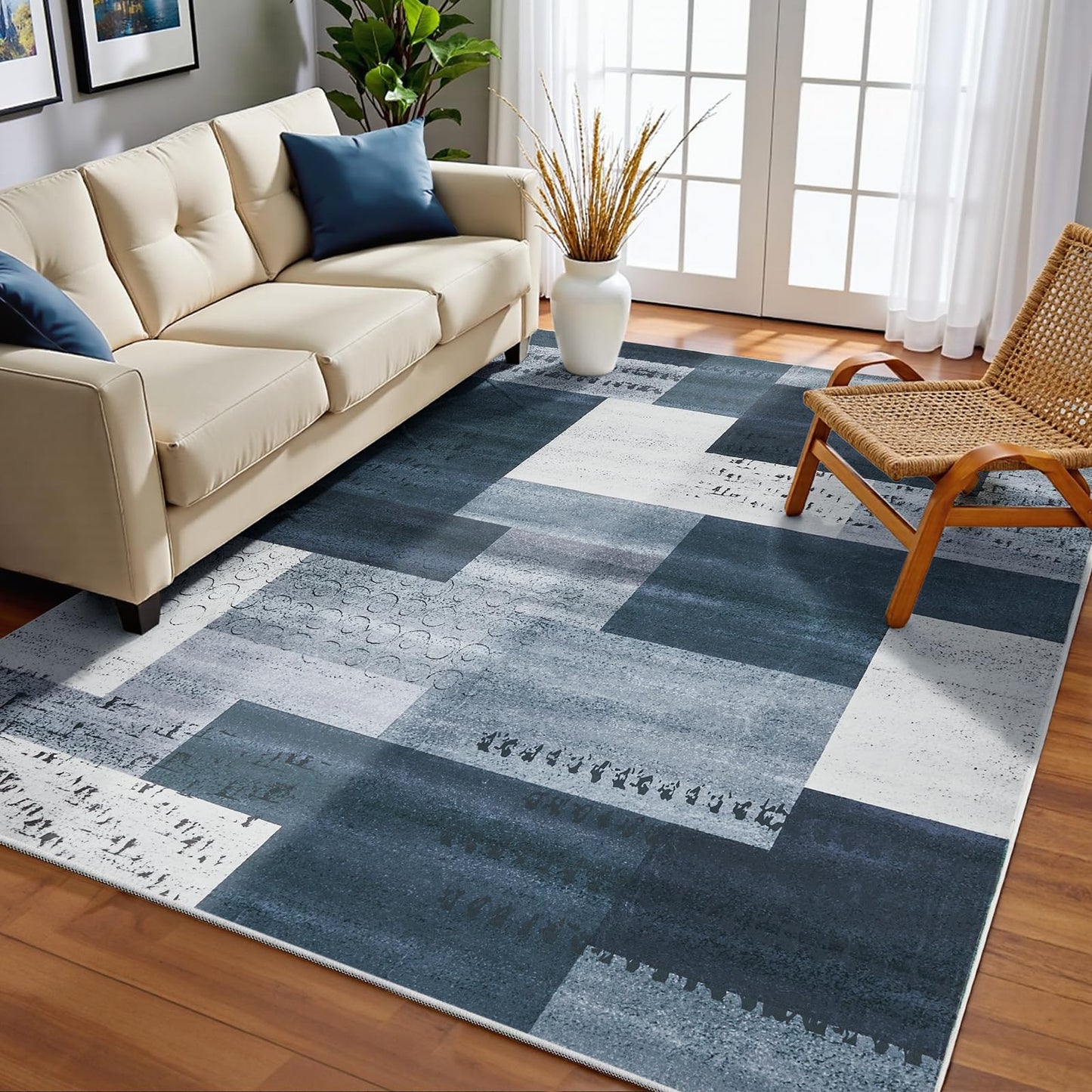 Area Rugs 5x7 for Living Room, Washable Ultra-Thin Checkered Rug for Bedrooms, Non-Slip Soft Flat Print Plaid Carpet for Classroom, ‎Dining Room, Office, Kids Playroom, Gray & Blue