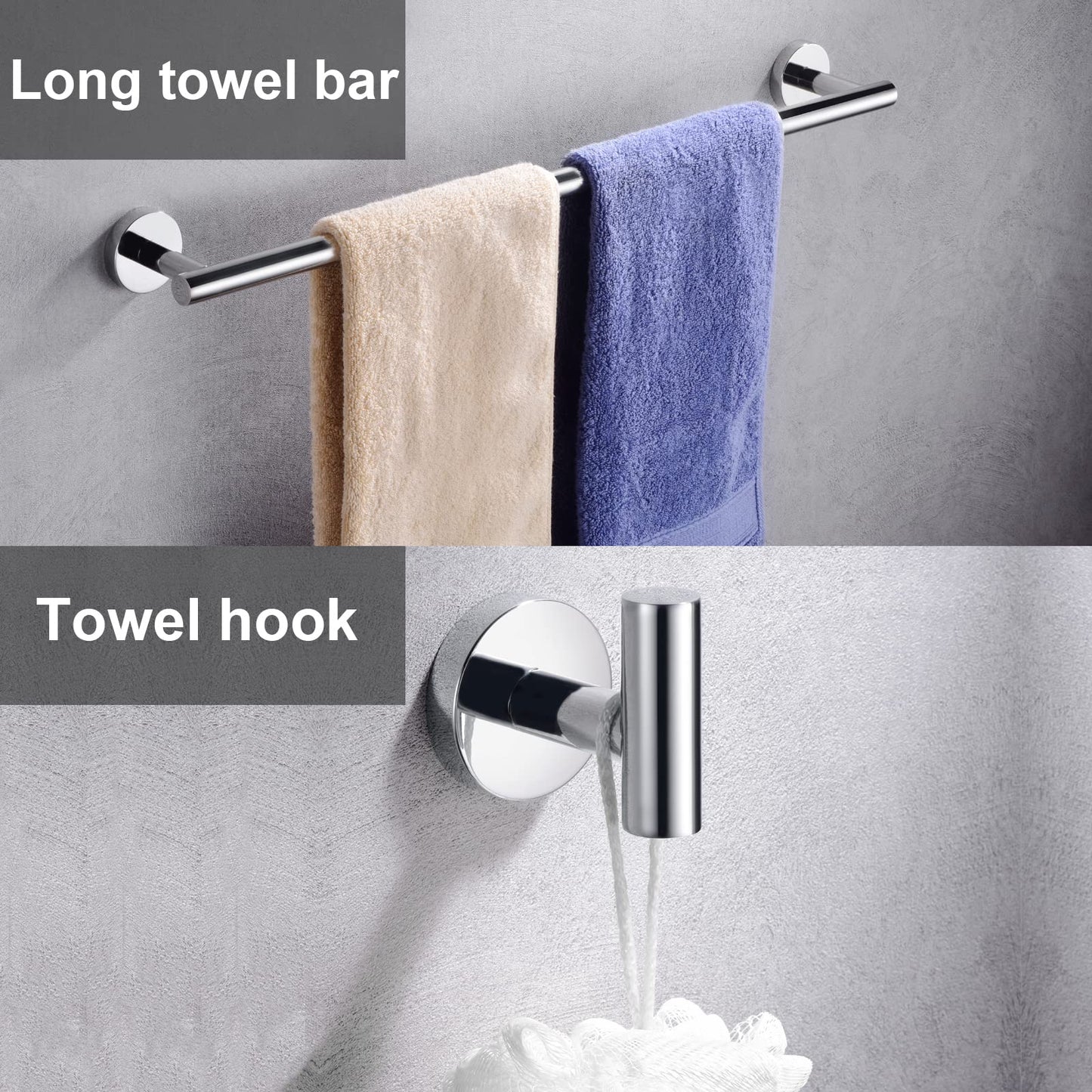6 Pieces Polished Chrome Bathroom Hardware Accessories Set Hand Towel Ring 18&23.6 inch Round Towel Bar Silver Toilet Paper Holder Towel Hooks 2 Pieces SUS 304 Stainless Steel,Heavy Duty,Wall Mounted…
