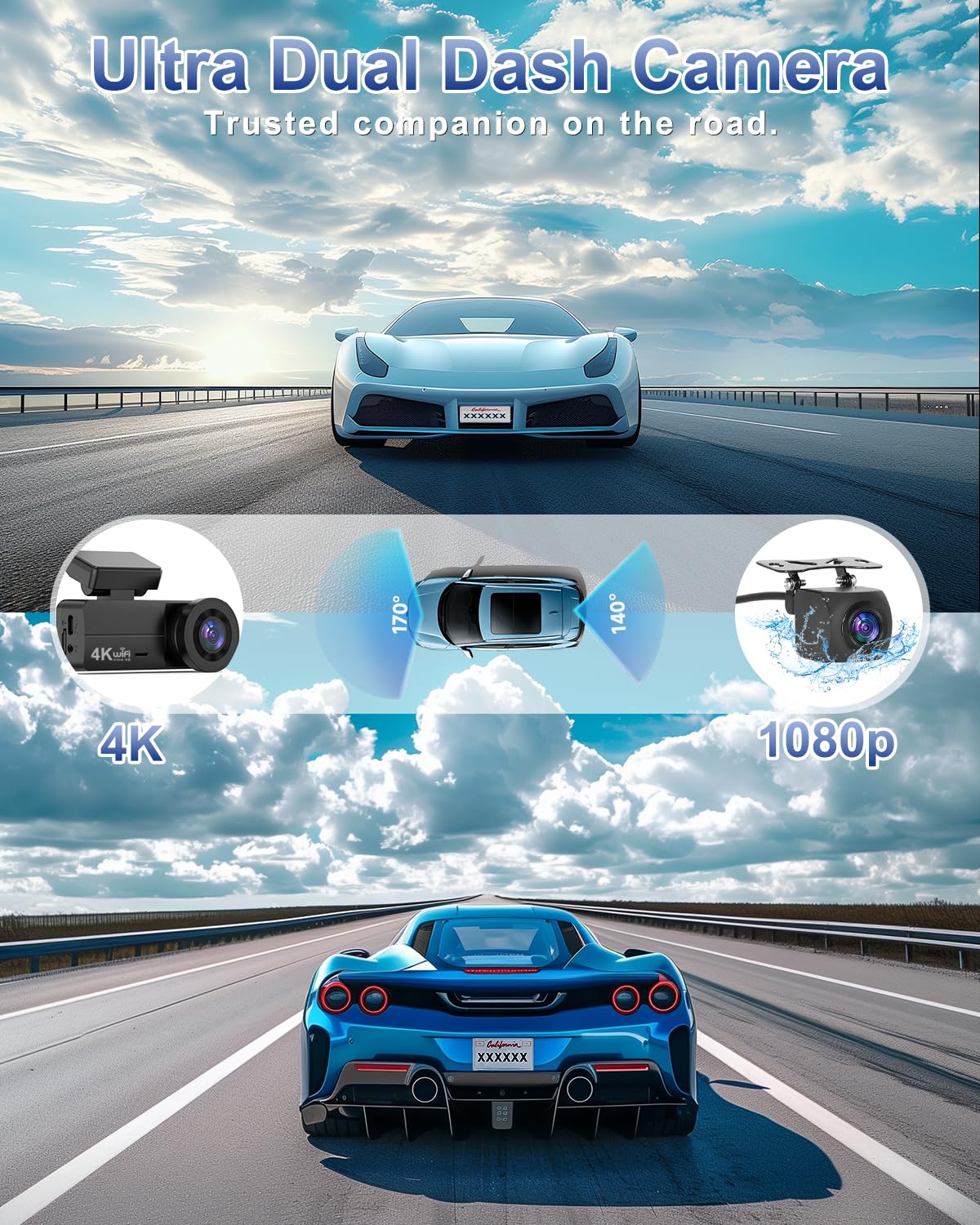 4K Dash Cam Front and Rear, WiFi Dash Cam with 64GB Card, 4K+1080P Dash Camera for Cars, WiFi Car Camera with App, 1.47" Screen DashCam with 24H Parking Monitor, G-Sensor