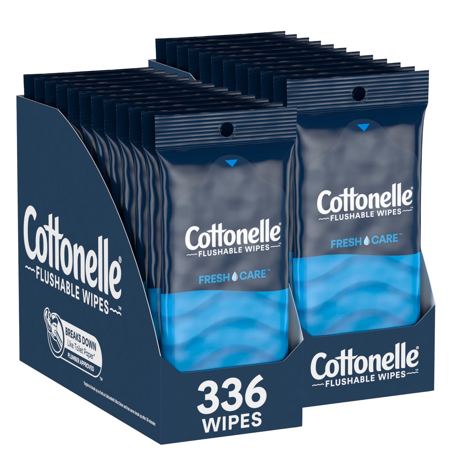 Cottonelle Fresh Care On-The-Go Flushable Wet Wipes, Adult Wet Wipes, 24 On-The-Go Packs, 2 Trays of 12, 14 Wipes per Pack (336 Total Flushable Wipes), Packaging May Vary
