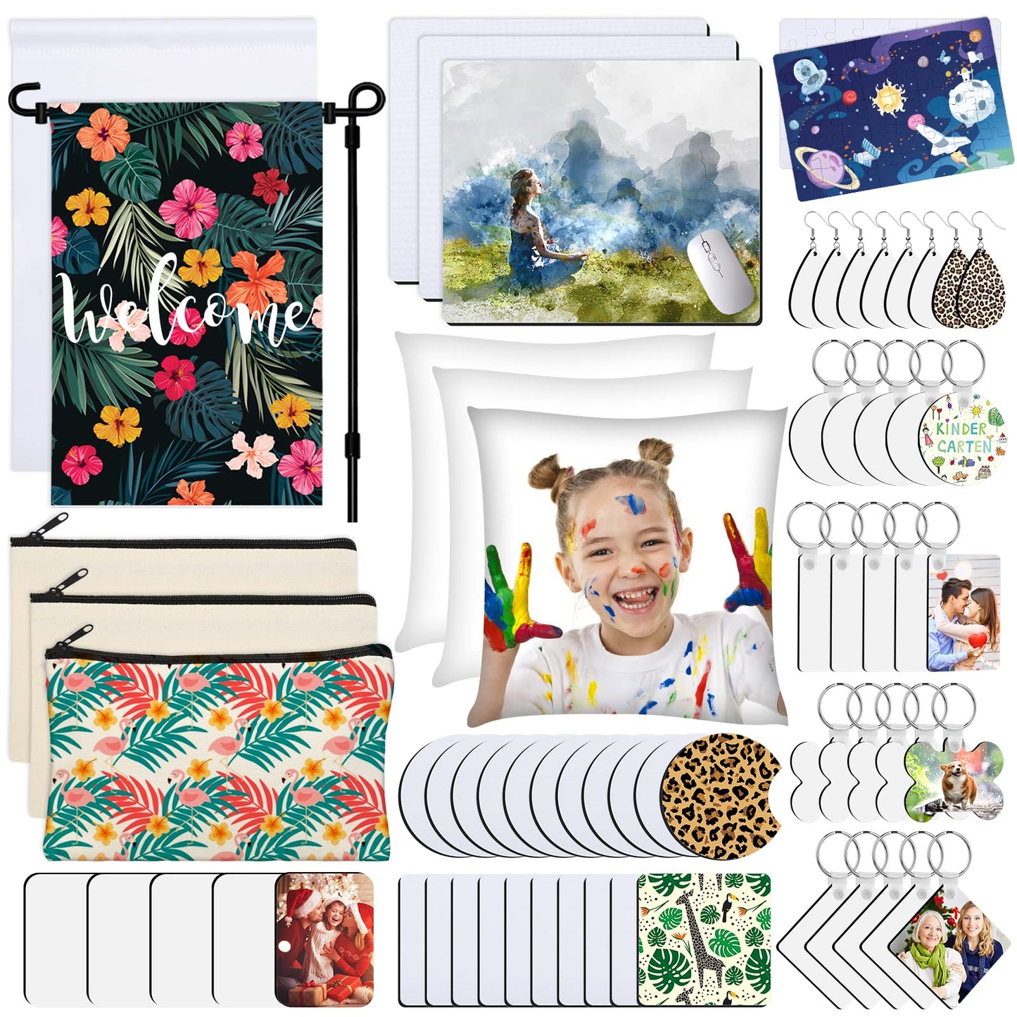 Modacraft 128-Piece Sublimation Blanks Kit - Premium DIY Bundle for Home Decor | Craft Supplies for Cricut, Birthday Gifts, Halloween, Thanksgiving, Christmas Customization (White)