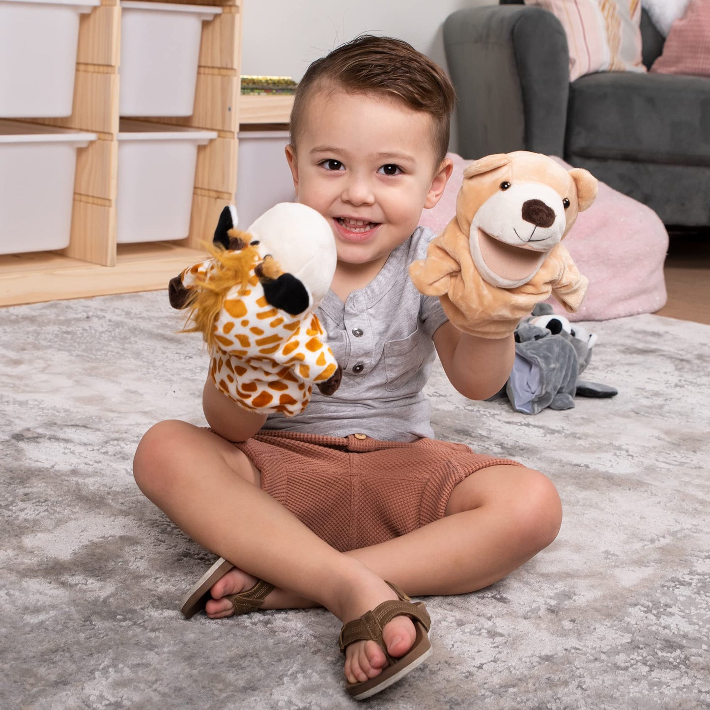 JOYIN 6Pcs Kids Hand Puppet Set with Working Mouth, Toddler Animal Plush Toy Includes Elephant, Giraffe, Lion, Bear, Raccoon and Monkey for Show Theater, Birthday Gifts, Easter Basket Stuffers