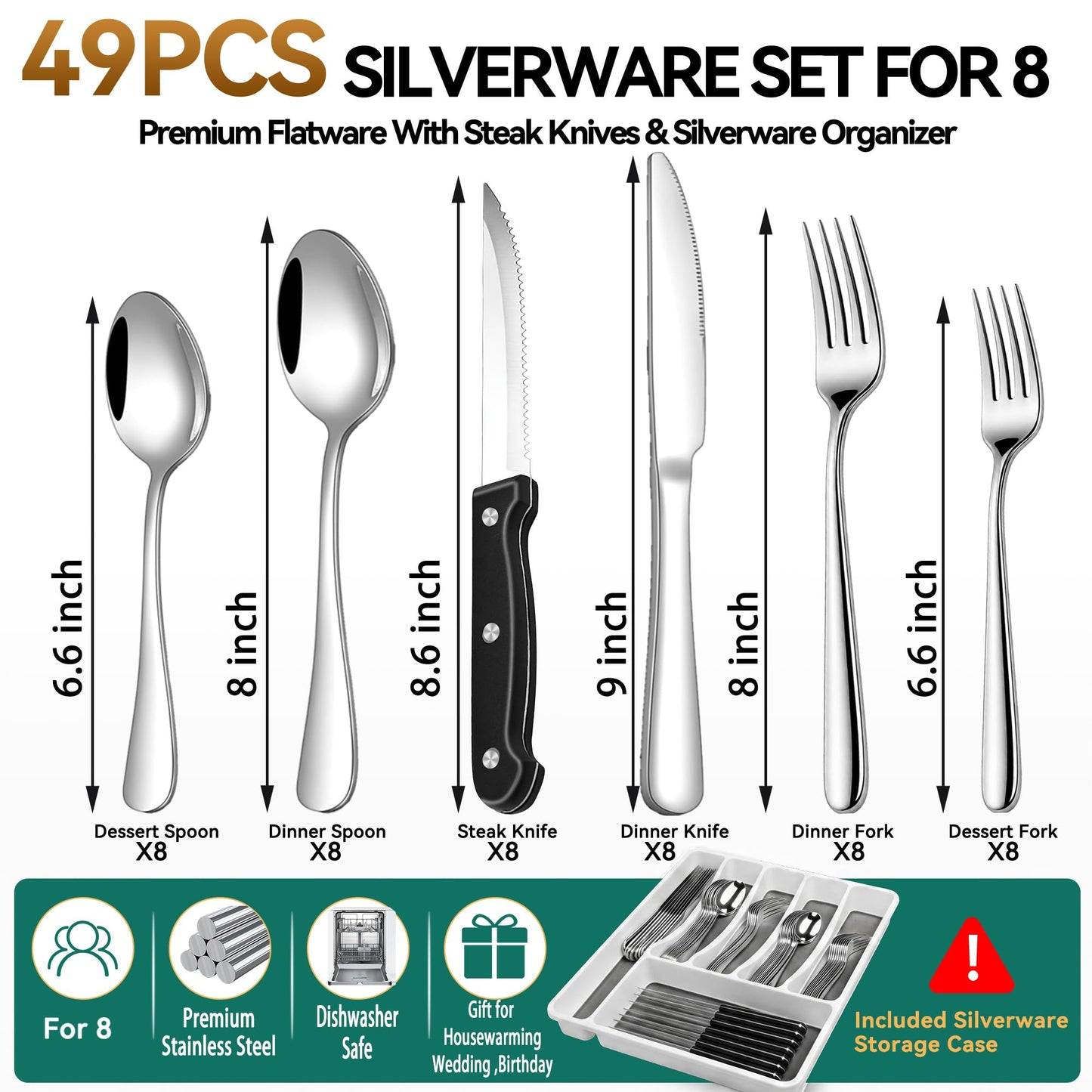 49-Piece Cutlery Set with Organizer, Stainless Steel Silverware Set Service for 8 with Steak Knives and Utensils