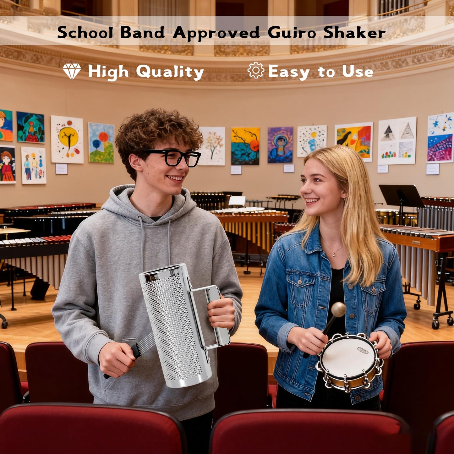 YAYUZEST Guiro Shaker Stainless Steel Percussion Guiro Musical Instruments with Scraper (6" x 12")