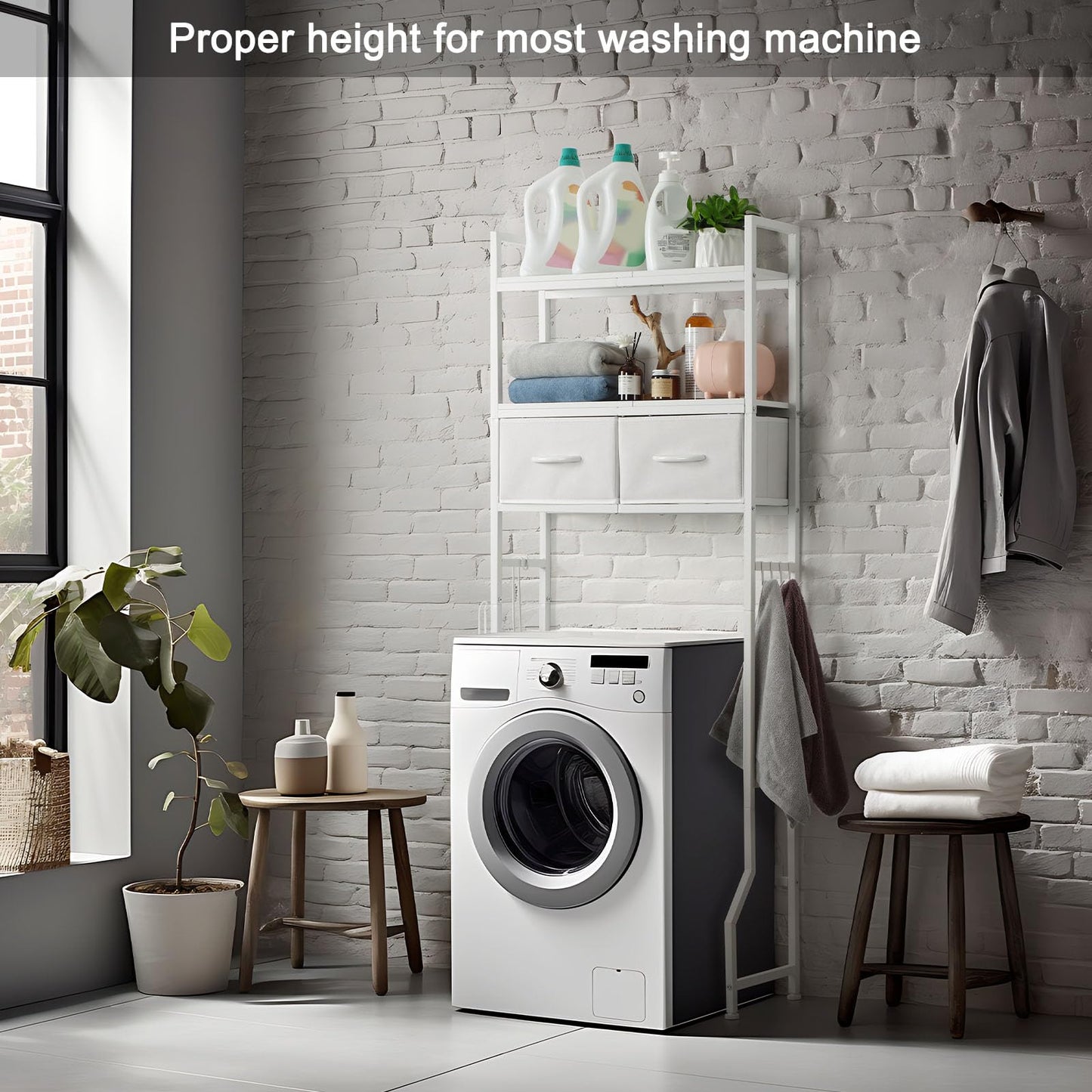 3-Tier Over The Toilet Storage Cabinet with Fabric Drawers Toilet Shelf Organizer with 4 Hooks Freestanding Bathroom Space Saver White
