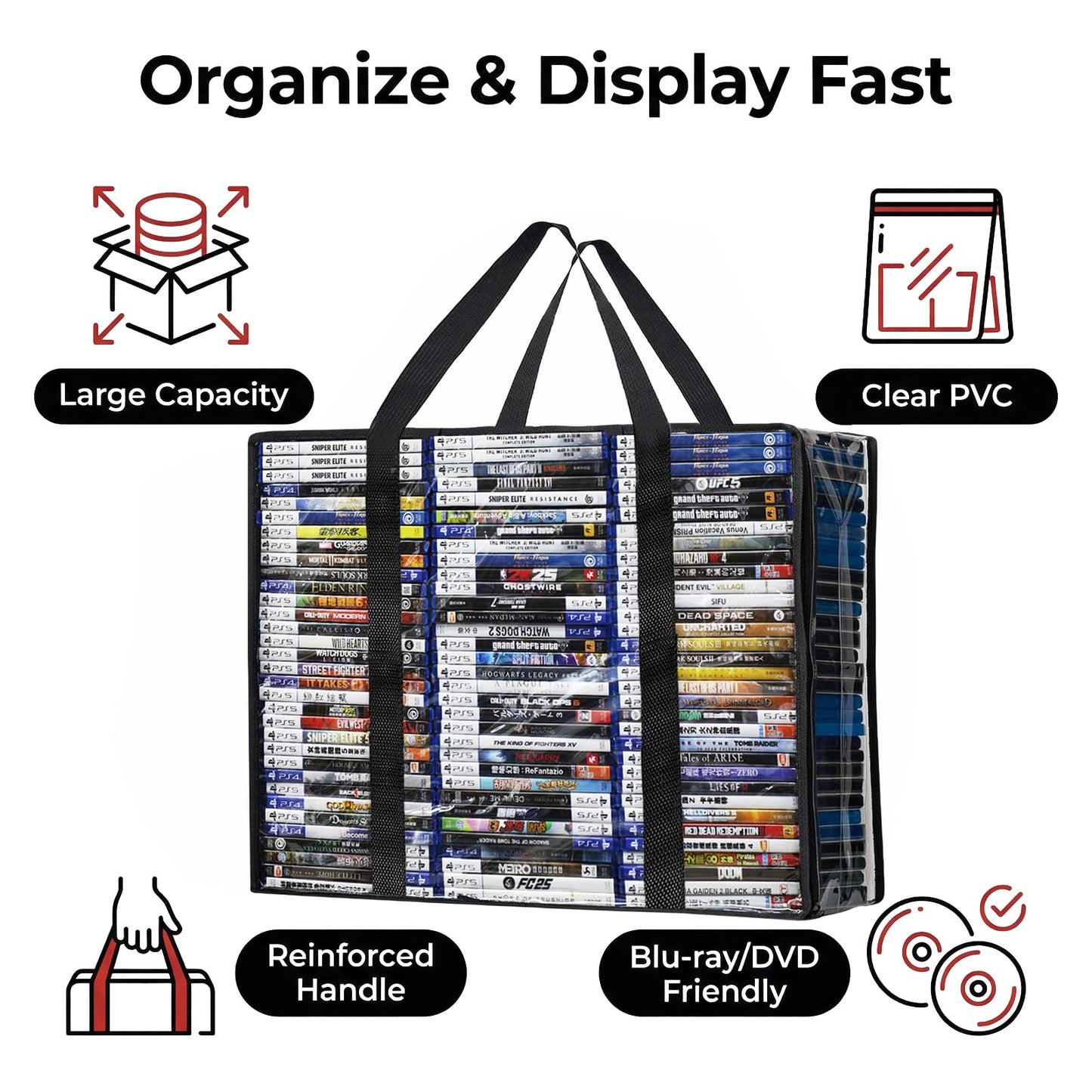PUTNATRUE DVD Storage Bags, 4 Pack High Clear Bags Hold 280 DVDs Cases (70 Each), Thickened Plastic Organizer with Reinforced Handles for Media, Quilt, Pillow & Clothes Storage
