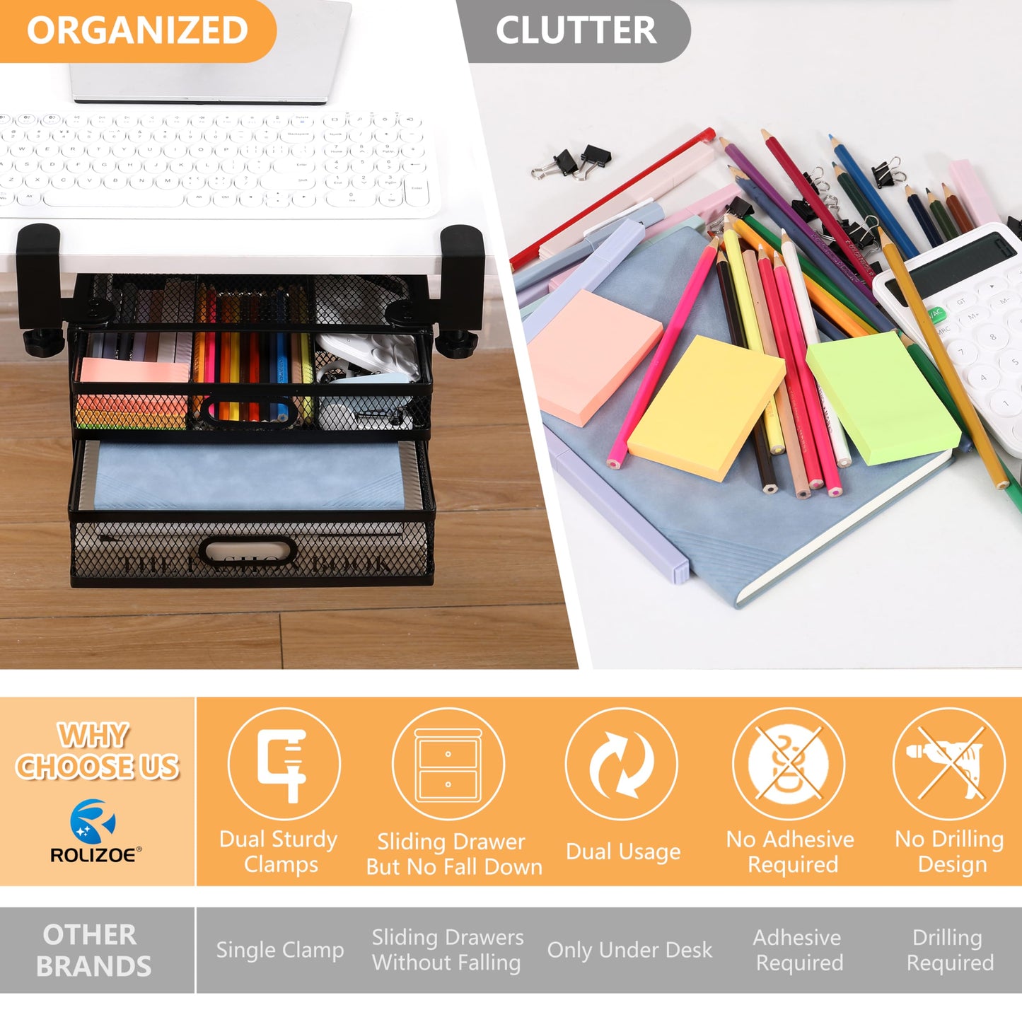 ROLIZOE Under Desk Drawer Organizer Clamp On with 2 Drawers Slide Out No Drilling Mesh Metal Drawer On Desktop Or Under Desk Storage Easy Install Anti-Slip Under Shelf Storage for Home & Office