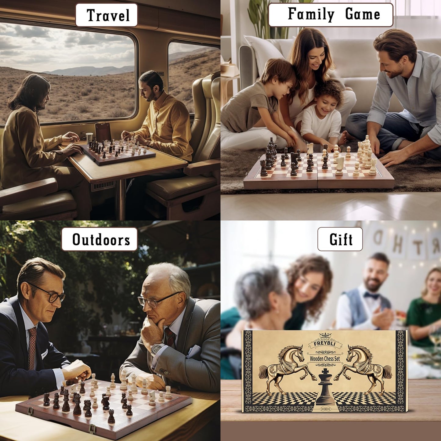 FREYBLI Magnetic Wooden Chess Board Set for Adults Kids, Handcrafted 15 Inch Chess and Checkers Set, Folding Portable Travel Unique Chess Game for Tournament Professional Beginner, 2 Extra Queens