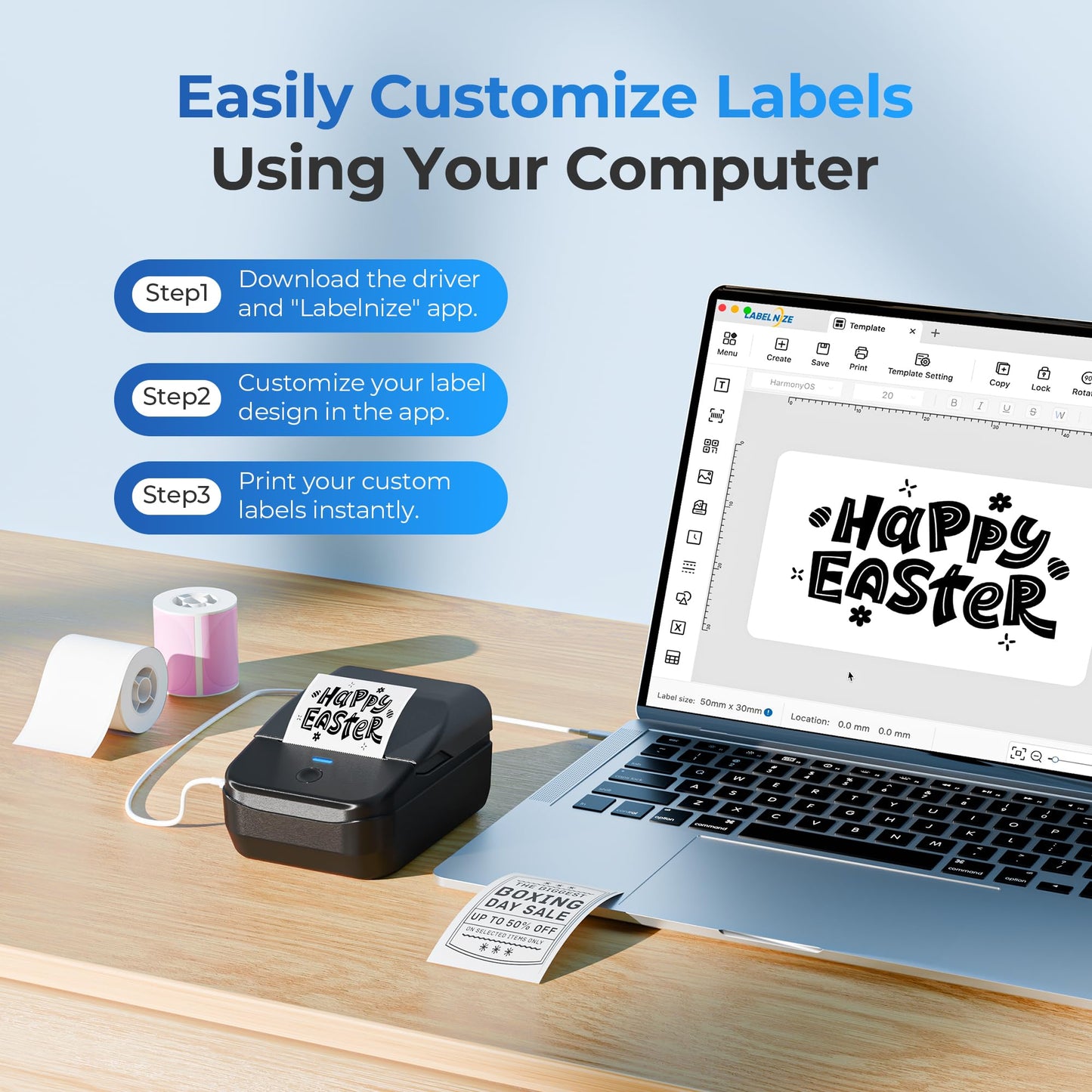 TYPONOS PM240 Label Maker Machine with 3 Tapes, 2" Portable Thermal Label Printer for Phone & PC, Bluetooth Label Maker with Multiple Templates for Small Business, Office, Home, School, Set 1