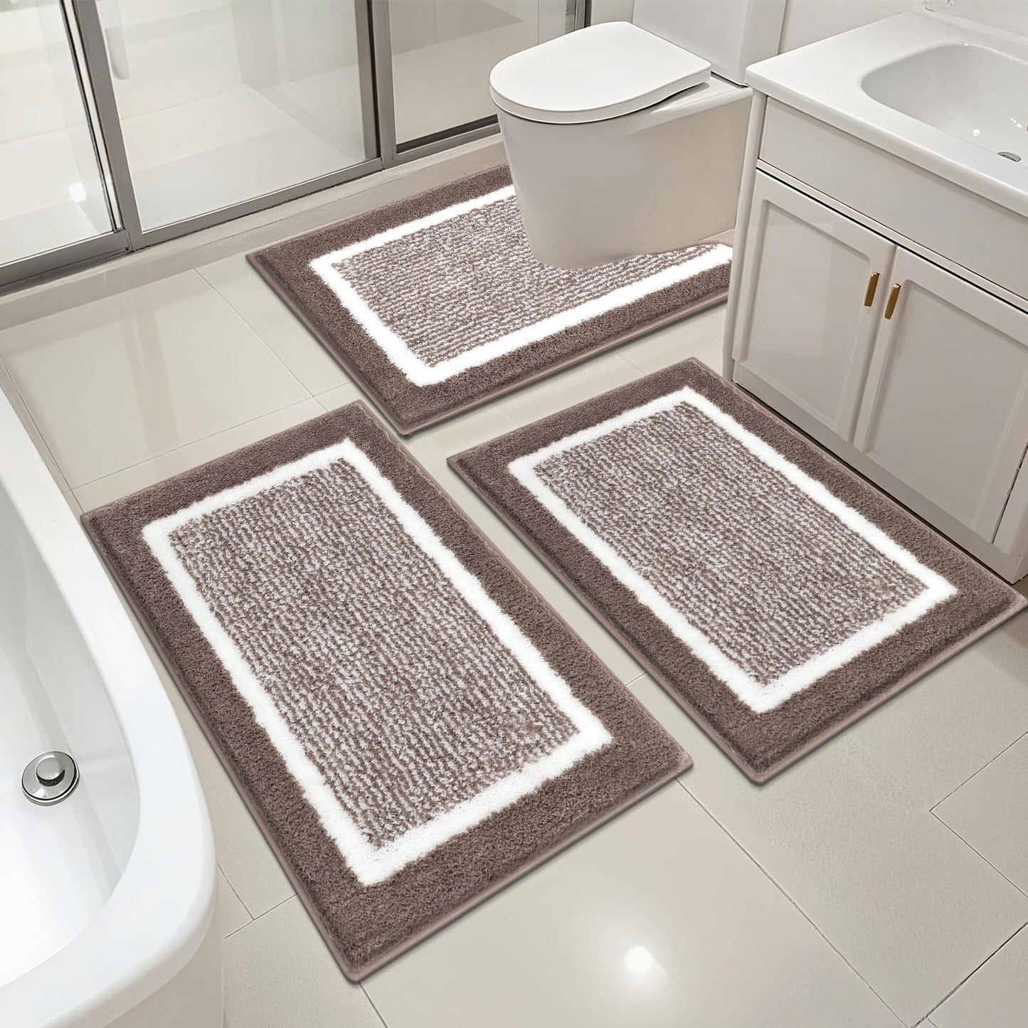 HEBE Bath Rug Sets 3 Piece for Bathroom Non Slip Bath Mat Set with U-Shaped Contour Mat Toilet Rug Absorbent Shower Rugs Washable Bath Rug Set for Tub, Shower, and Bathroom