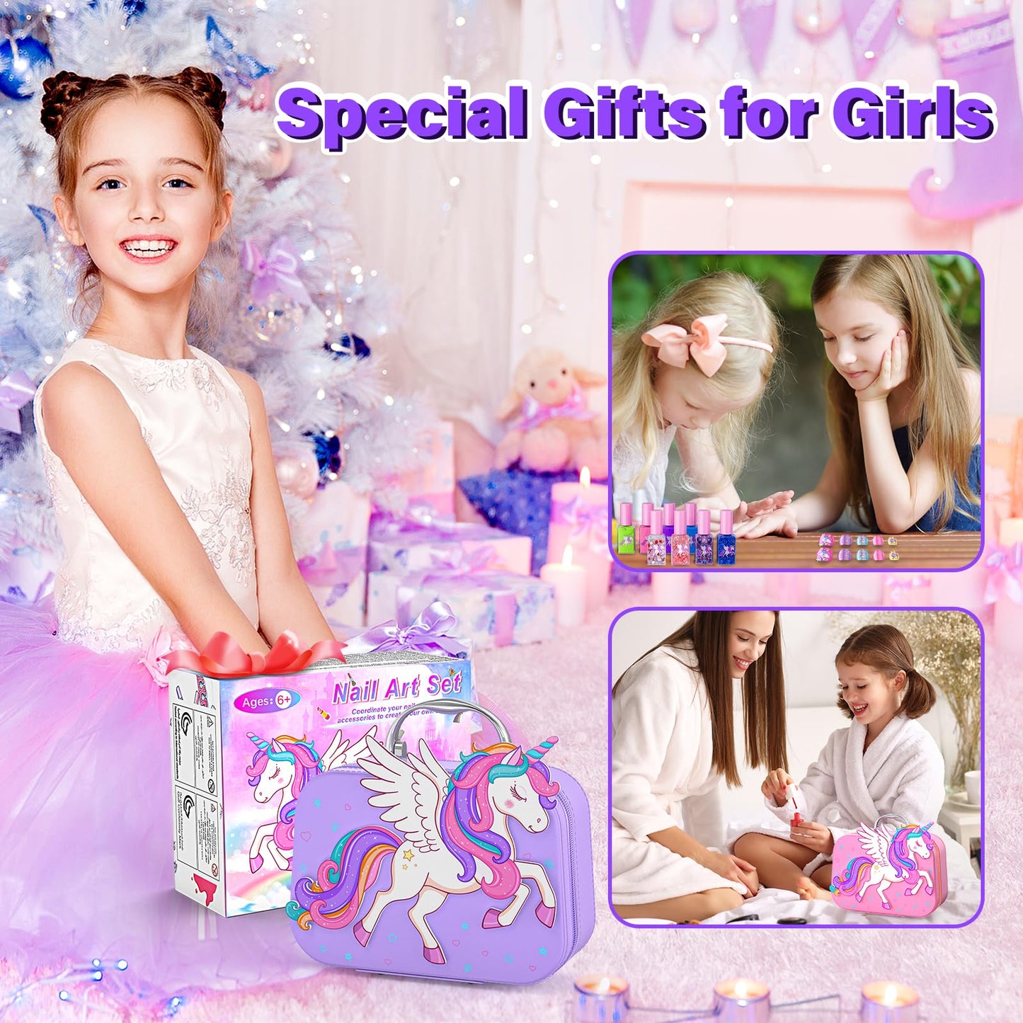 Glisiol Kids Nail Polish Set for Girls Toys, Washable Quick-Dry Toddler Nail Art Kit with Air Cooling Dryer and Cosmetic Case, Christmas or Birthday Gifts for Girls Ages 3 4 5 6 7 9 10 11 12-Purple