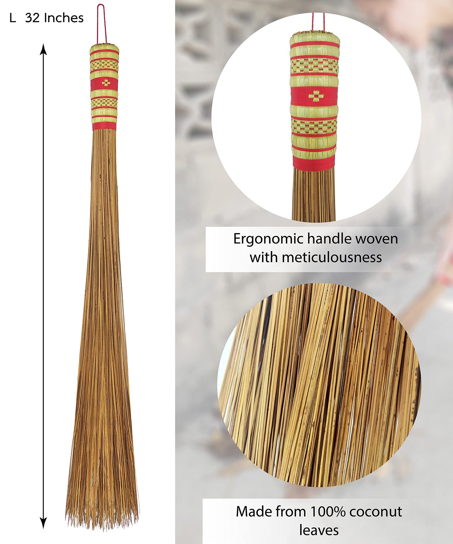32 inch Multi-Surface Sturdy Outdoor Authentic Coconut Leaf Broom Asian Heavy Duty Broom Thai Natural Coconut Leaf Broom (Country Rustic) (1 Piece)