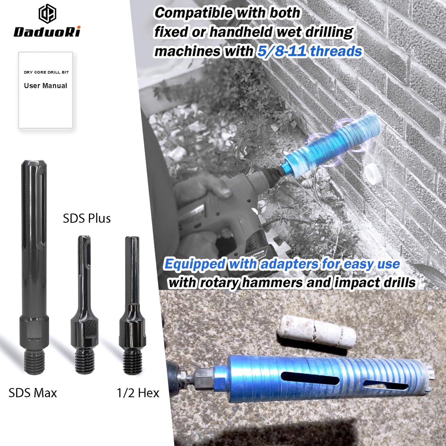 DaduoRi 2 1/2" Dry Core Drill Bit, 5/8"-11 Thread, with 3 Adapters Included: SDS Plus, SDS Max and 1/2" Hex Shank; 9.5" Drill Depth, 2.5 inch Diamond Core Bits for Concrete Brick Block and Masonry