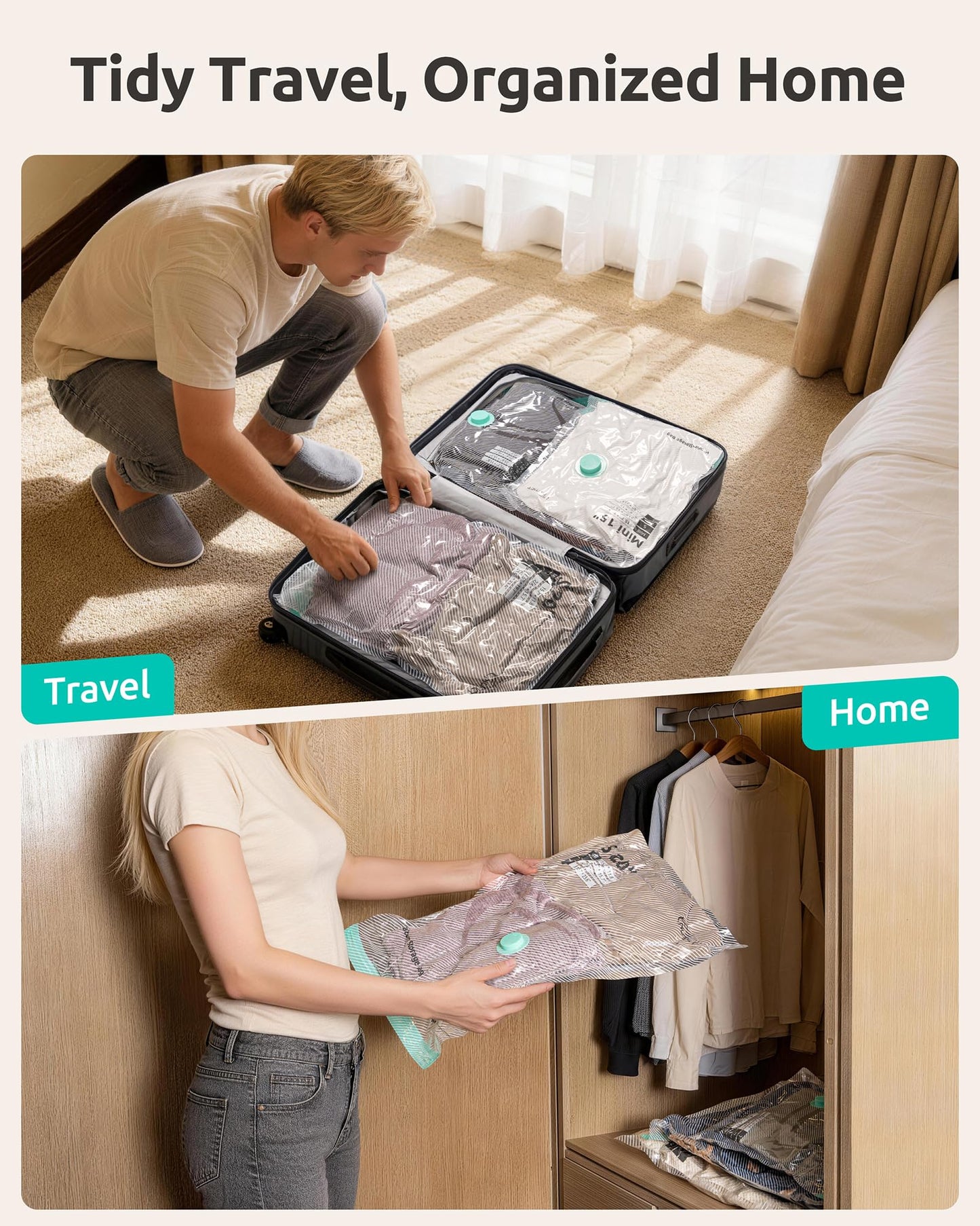 NUTICT 12 Pack Vacuum Storage Bags for Travel with Rechargeable Electric Pump, Long-Term Reusable Vacuum Seal Bags for Clothes and Blankets Compression, Carry-on Space Saver for Luggage and Suitcase